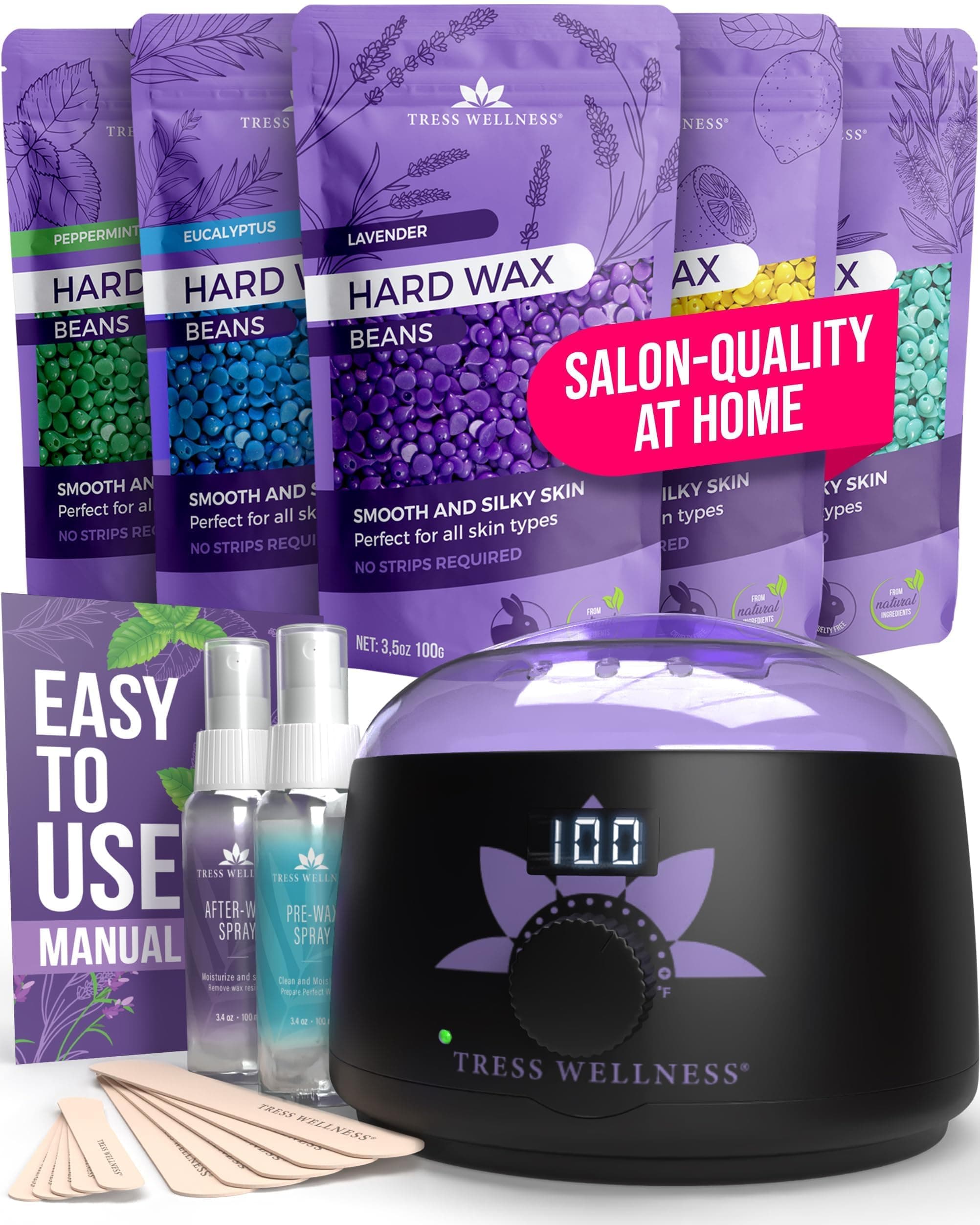 Tress Wellness Waxing Kit for Sensitive Skin, Safe for Face & Skin, Prep & Aftercare Spray, Easy to Use, At-Home Kit for Face, Bikini, Brazilian & Full Body - Digital Display, Black Purple Flower BLACK PURPLE: Flower