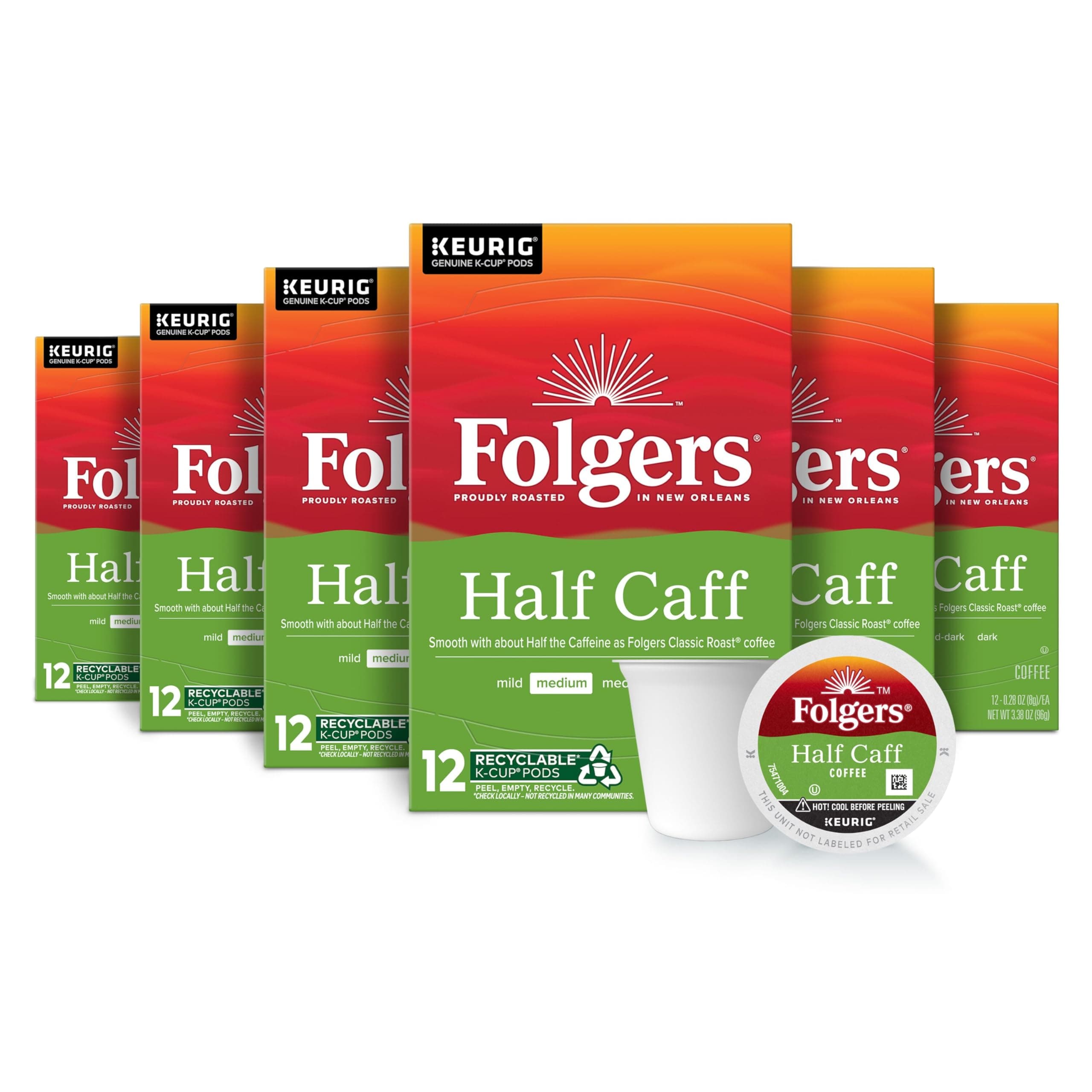Folgers Half-Caff Medium Roast Coffee, 72 Keurig K-Cup Pods Half Caff 12 Count (Pack of 6)