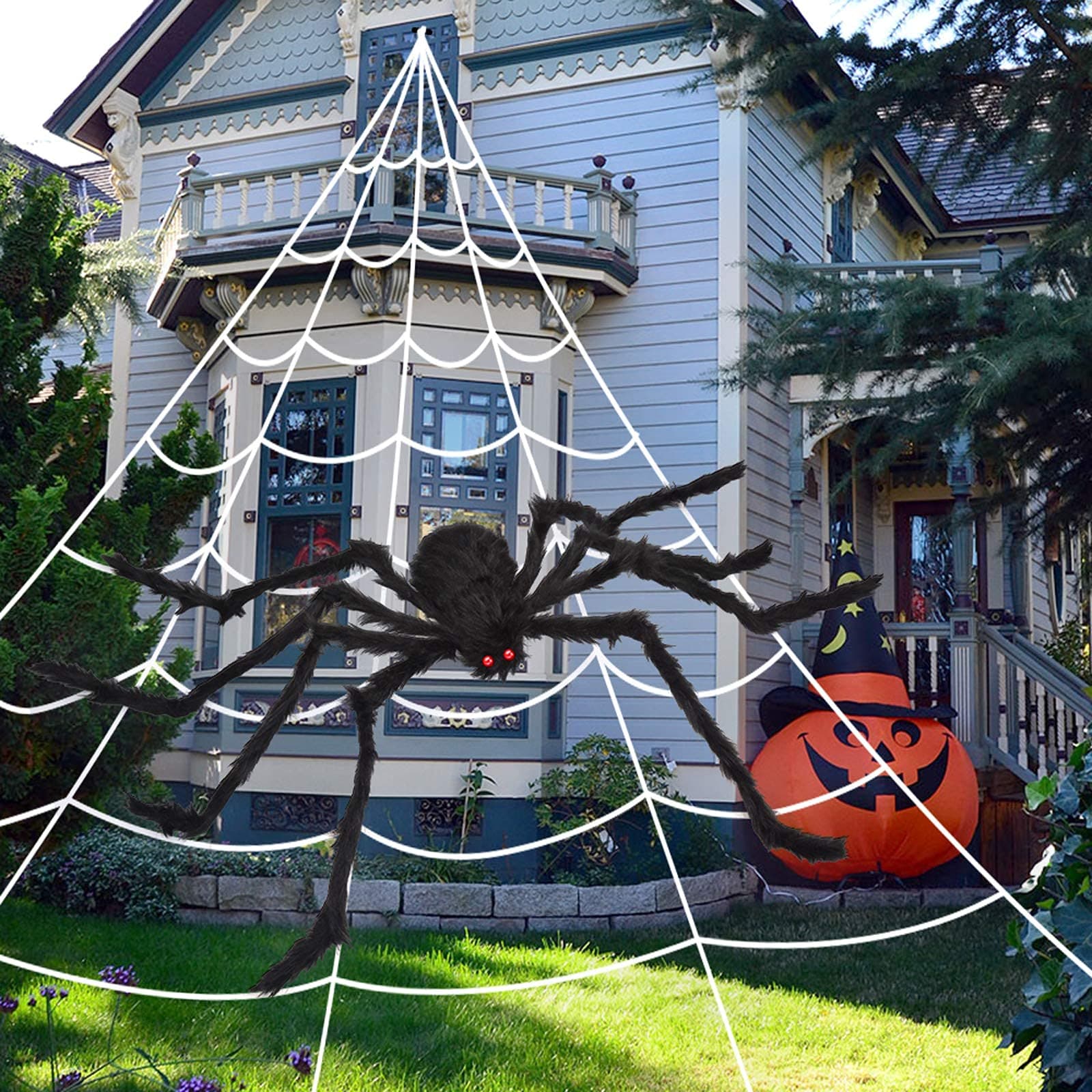 OCATO 200" Halloween Spider Web + 59" Giant Spider Decorations Fake Spiders with Triangular Huge Spiders Web for Indoor Outdoor Halloween Decorations Yard Home Costumes Parties Haunted House Décor 1-Original