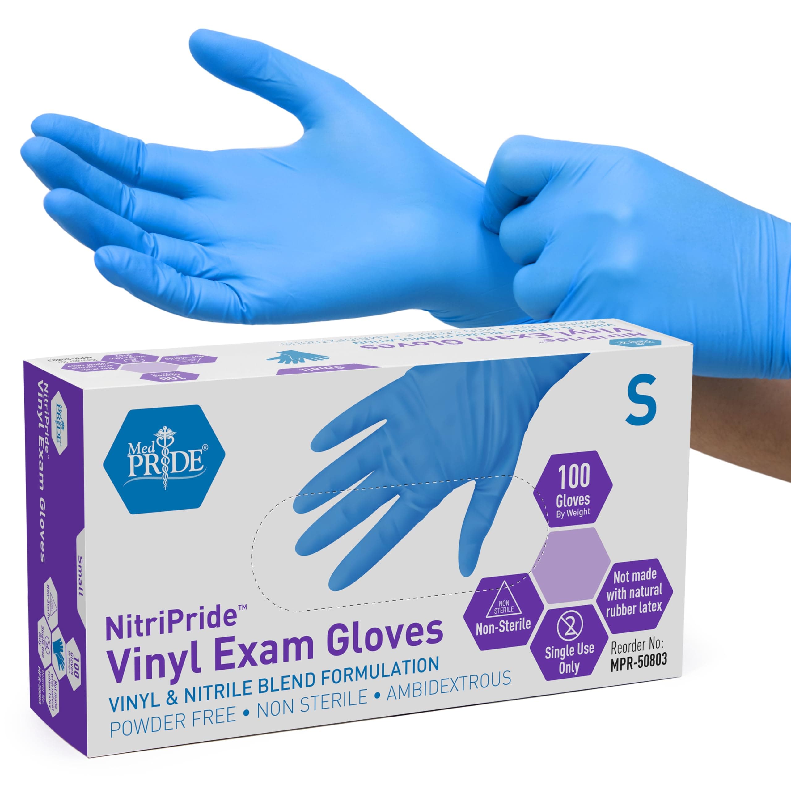 MED PRIDE Disposable Powder Free Non Latex Single Use Medical Exam Gloves, Nitrile Vinyl Blend for Cleaning and Food Handling Medium 100