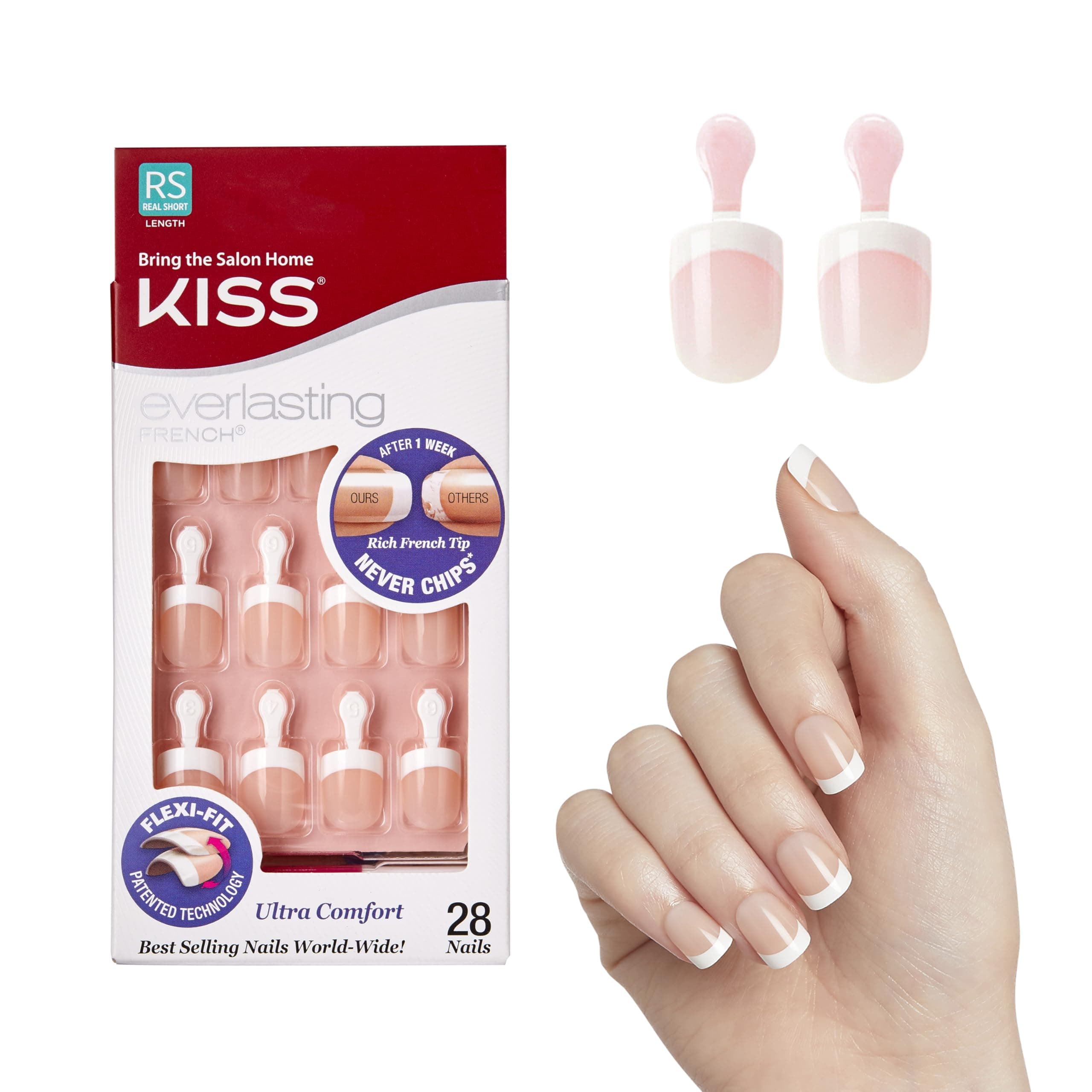 Kiss Everlasting French Nail Manicure, Chip-Free with Flexi-Fit Technology, Real Short, "Endless", Nail Kit with Pink Nail Glue (Net Wt. 2 g / 0.07oz.), Mini File, Manicure Stick, and 28 Fake Nails 28 Piece Assortment Endless