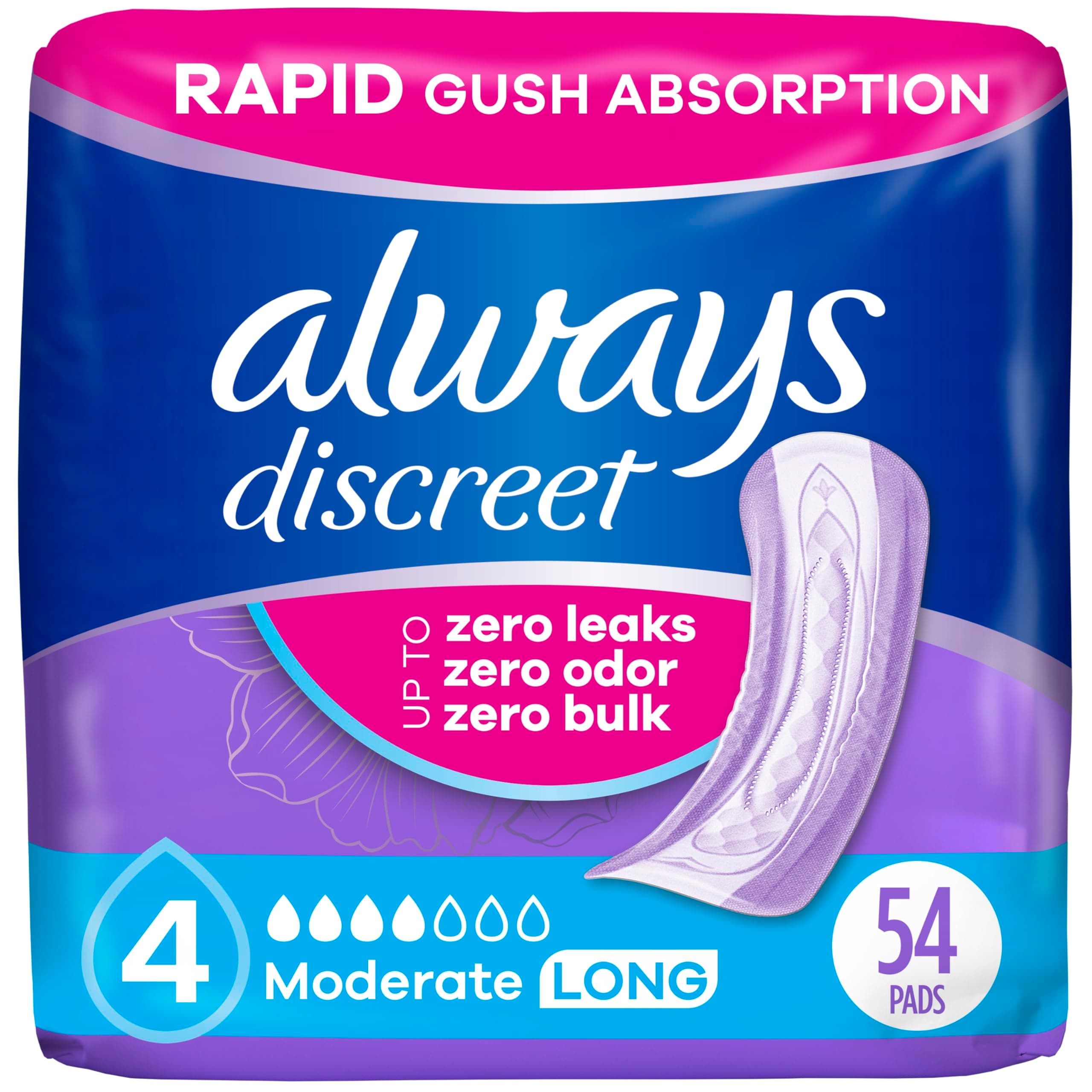 Always Discreet Adult Incontinence Pads for Women, Moderate Absorbency, Long Length, Postpartum Pads, 54 Count Long 54