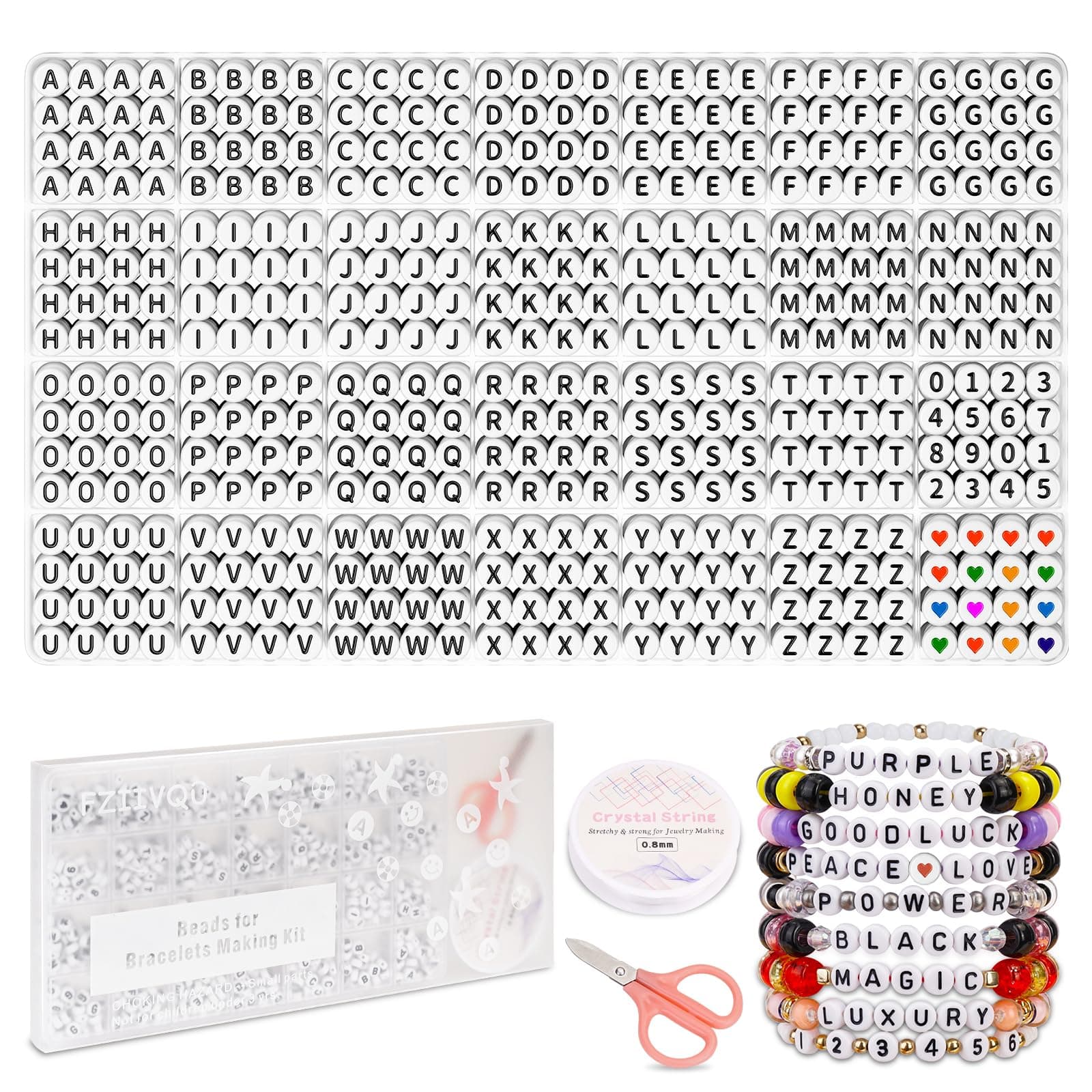 1450 Pieces Letter Beads Kit, 4x7 mm White Acrylic Alphabet Letter Beads for Jewelry Making Number Heart Bead Friendship Bracelet Making Black Letter & White Base 4*7mm