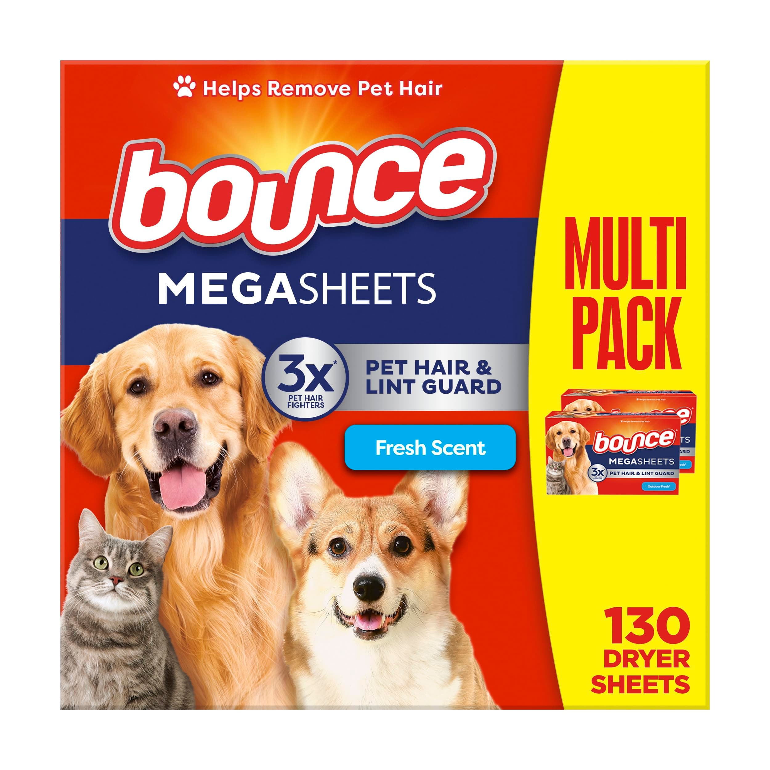 Bounce Pet Hair and Lint Guard Mega Dryer Sheets with 3X Pet Hair Fighters, Fresh Scent, 130 Count Fresh 130 Count (Pack of 1)