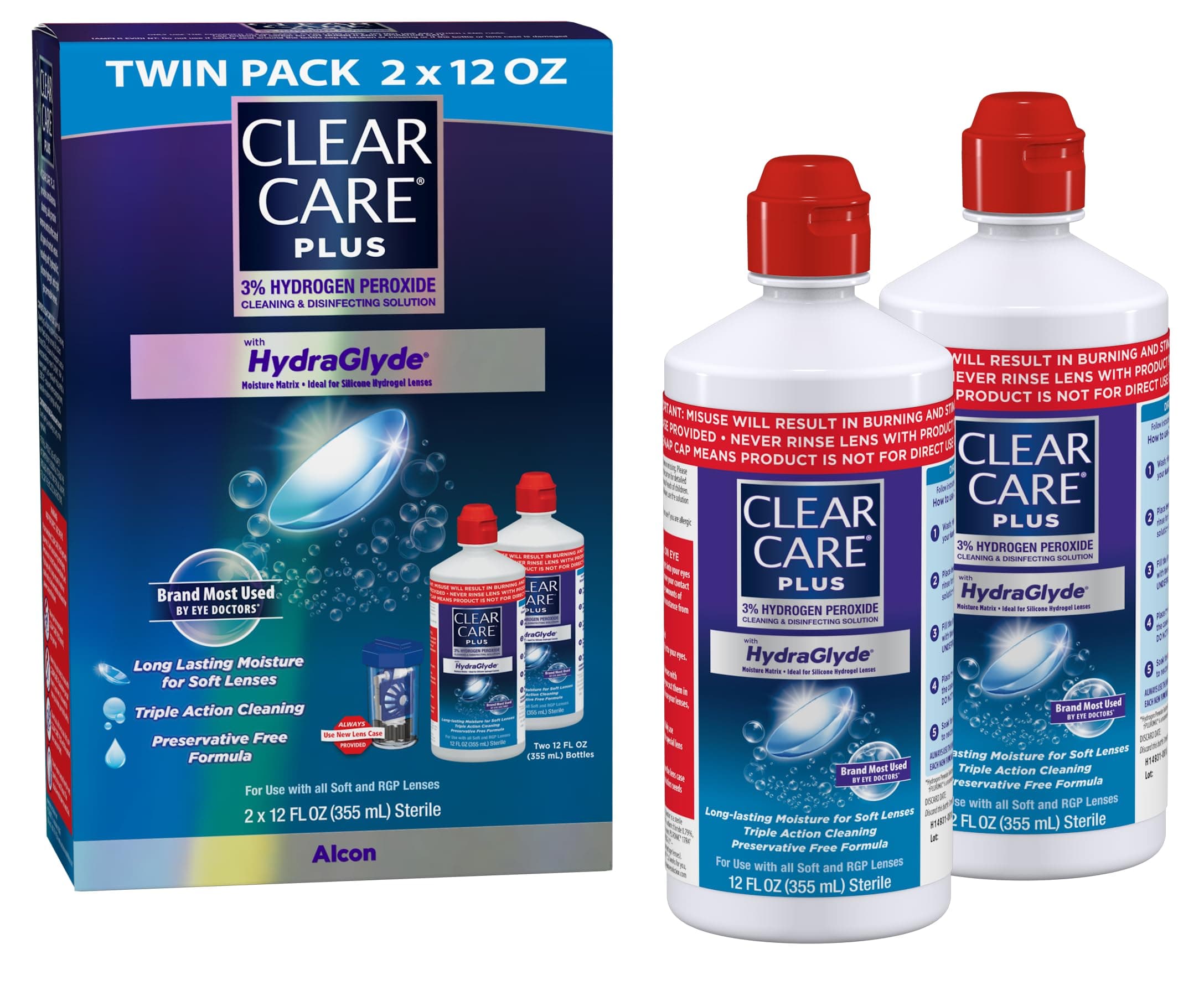 Clear Care Plus Cleaning Solution with Lens Case, Twin Pack, Multi, 12 Oz, Pack of 2 1 Pack of 12 Ounce
