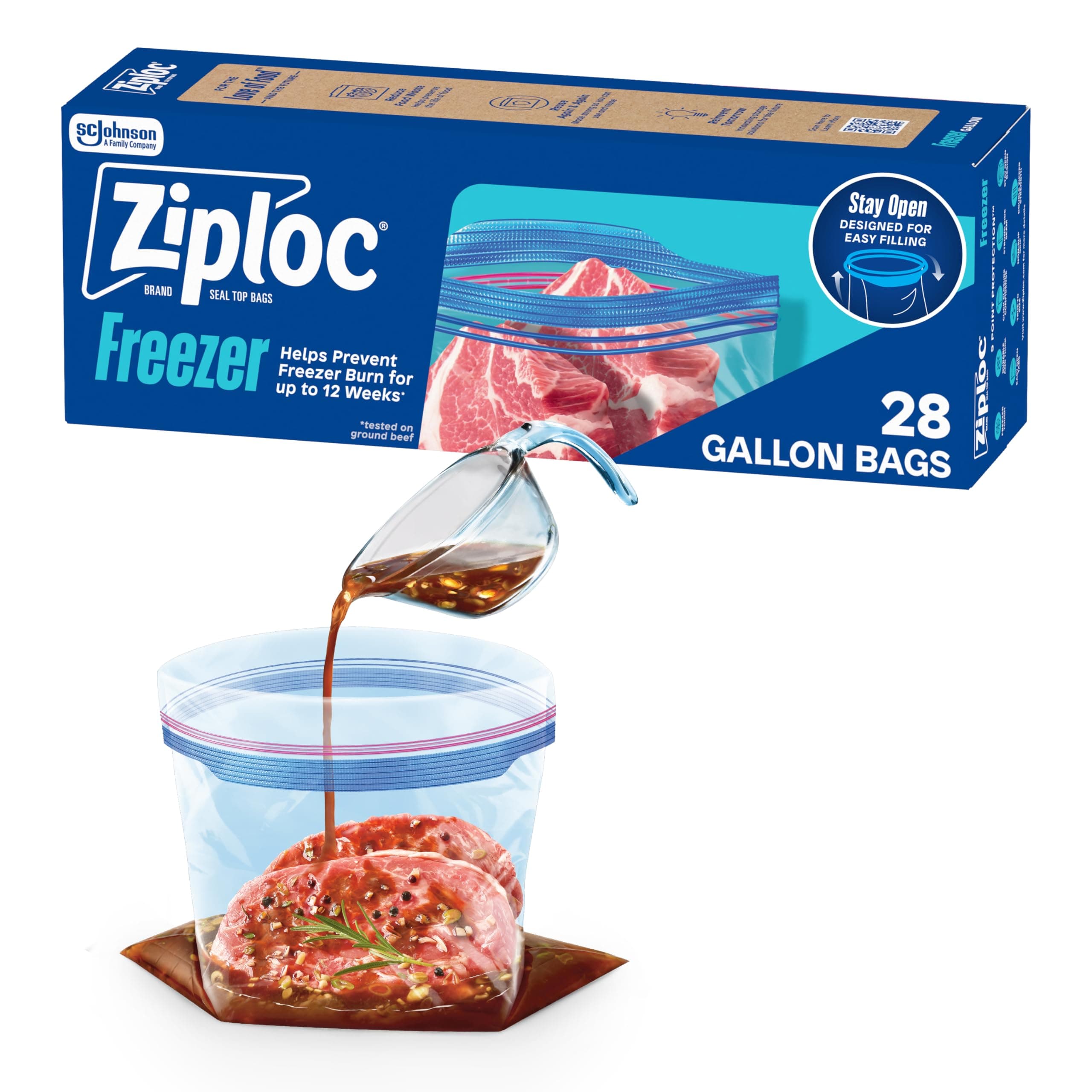 Ziploc Gallon Food Storage Freezer Bags, Stand-Up Bottom, Easy to Fill, 28 Count (Packaging May Vary)