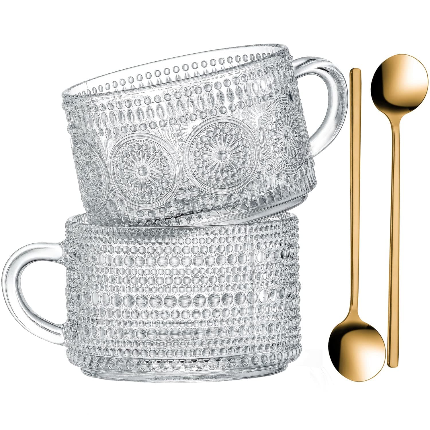 Gezzeny Vintage Glass Coffee Mugs 14 Oz Set of 2 Clear Embossed Tea Cups, Glass Coffee Cups for Cappuccino, Latte, Cereal, Yogurt, Beverage Christmas Thanksgiving Gifts Translucent