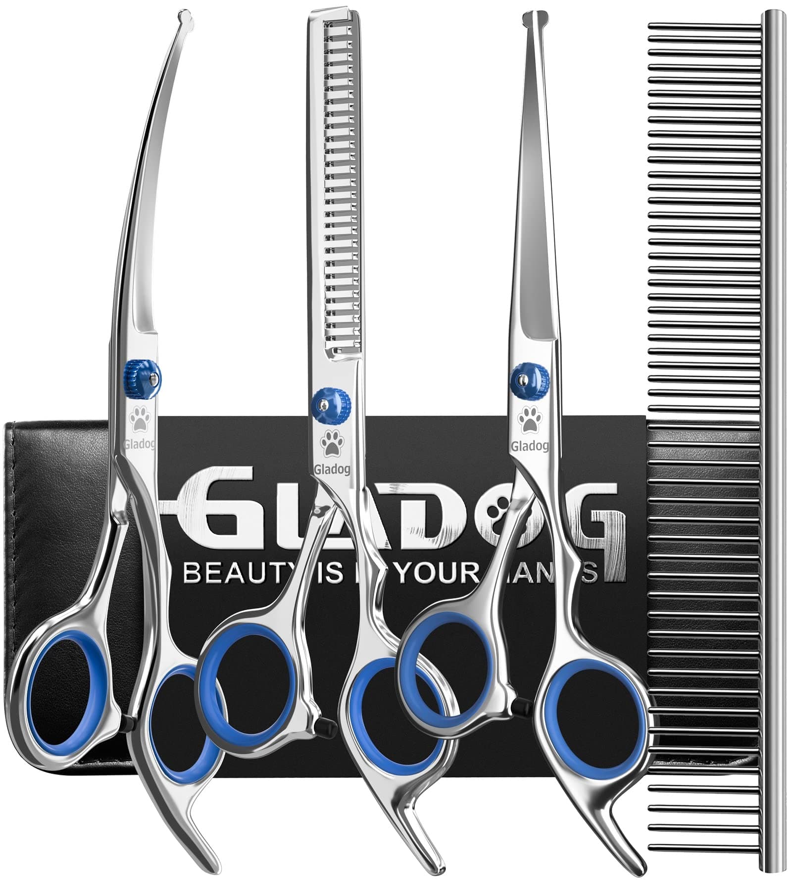 GLADOG Professional 5 in 1 Dog Grooming Scissors Set with Safety Round Tips, Sharp and Heavy-duty Pet Grooming Shears for Cats Blue 5 in 1