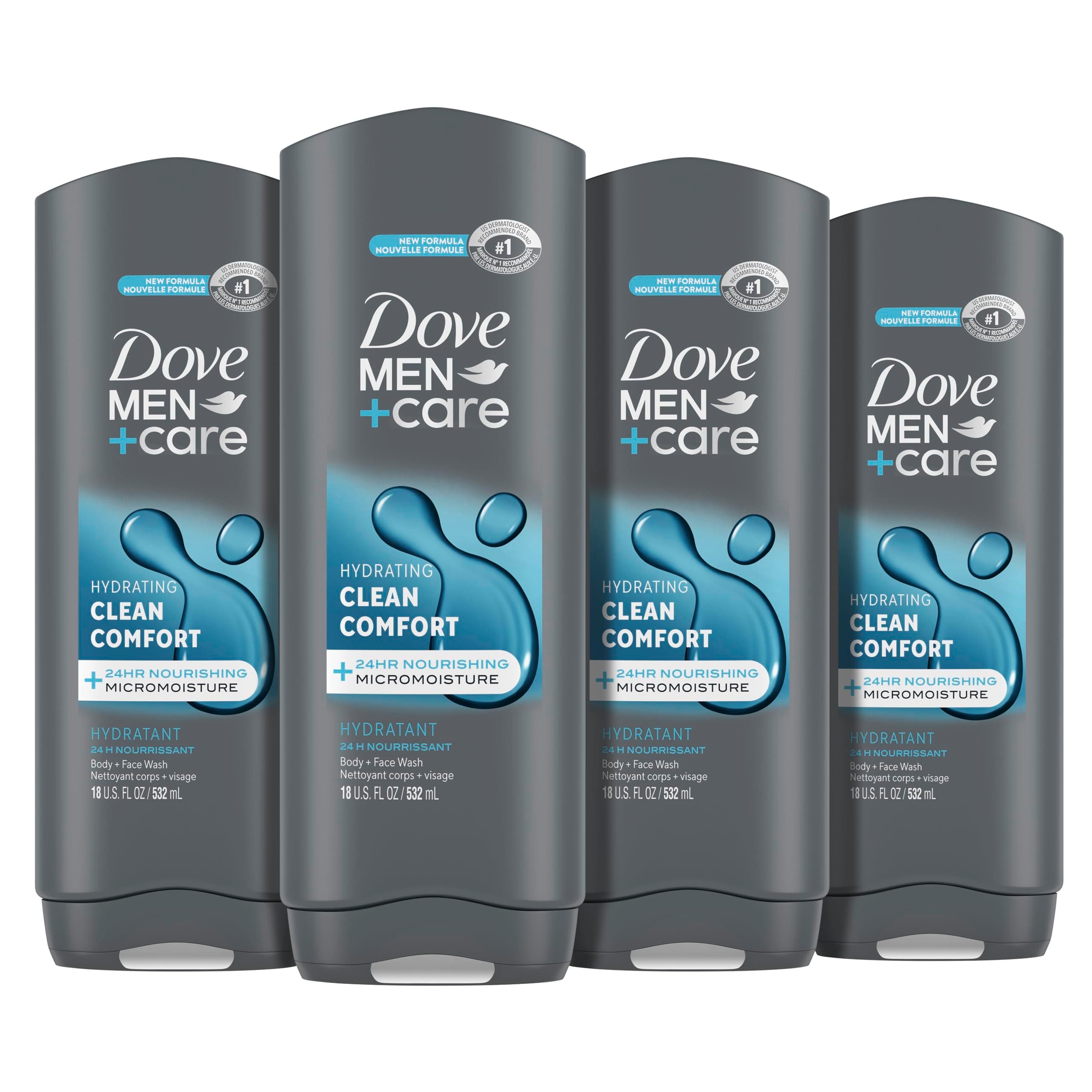 DOVE MEN + CARE Body and Face Wash Clean Comfort 4 Count for Healthier and Stronger Skin Effectively Washes Away Bacteria While Nourishing Your Skin, 18 oz Clean Comfort 18 Fl Oz (Pack of 4)