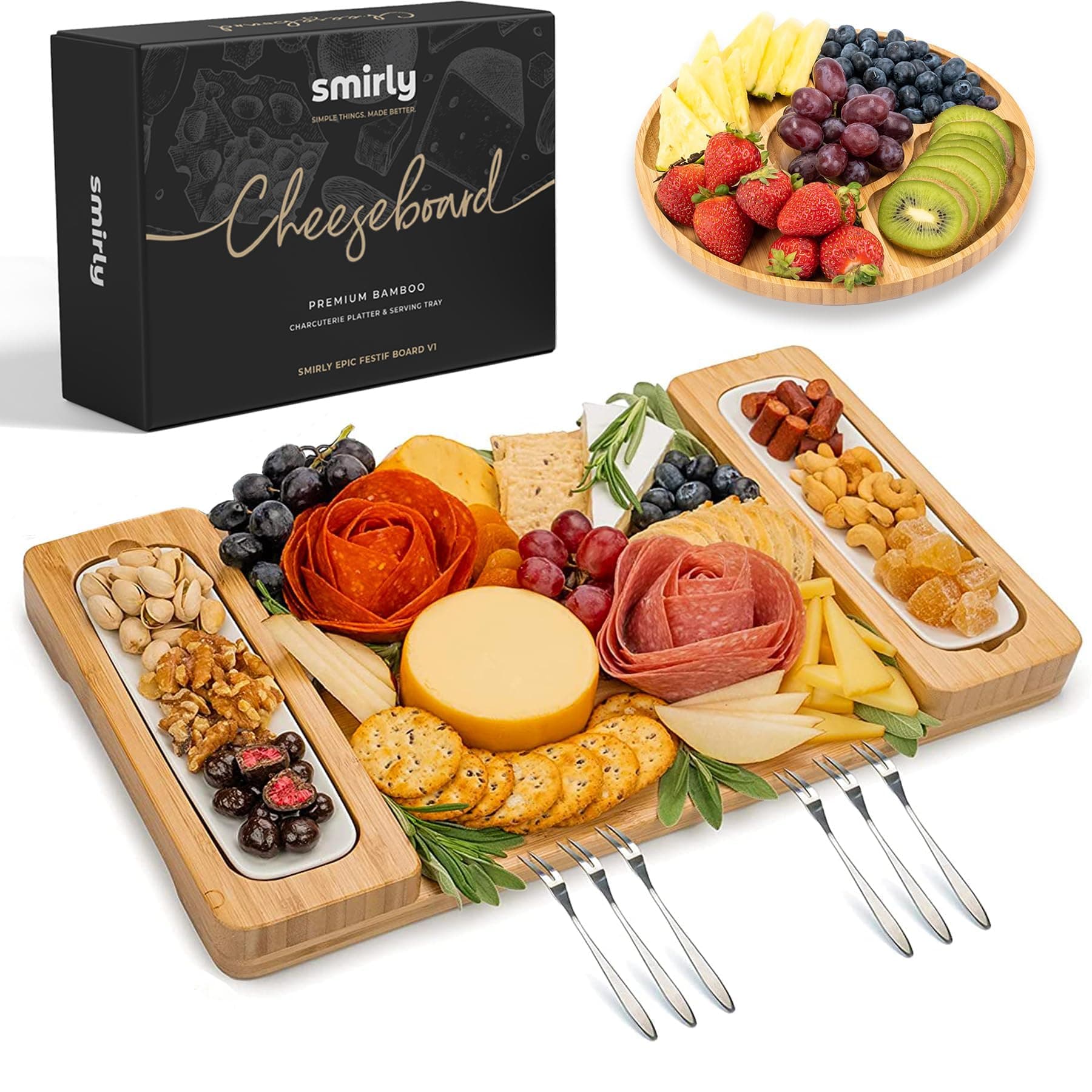 SMIRLY Charcuterie Boards Set - Large Bamboo Cheese Board Set - House Warming Gifts New Home, Wedding Gift for Couple, Bridal Shower Gift, Birthday Gifts for Women Without Drawer