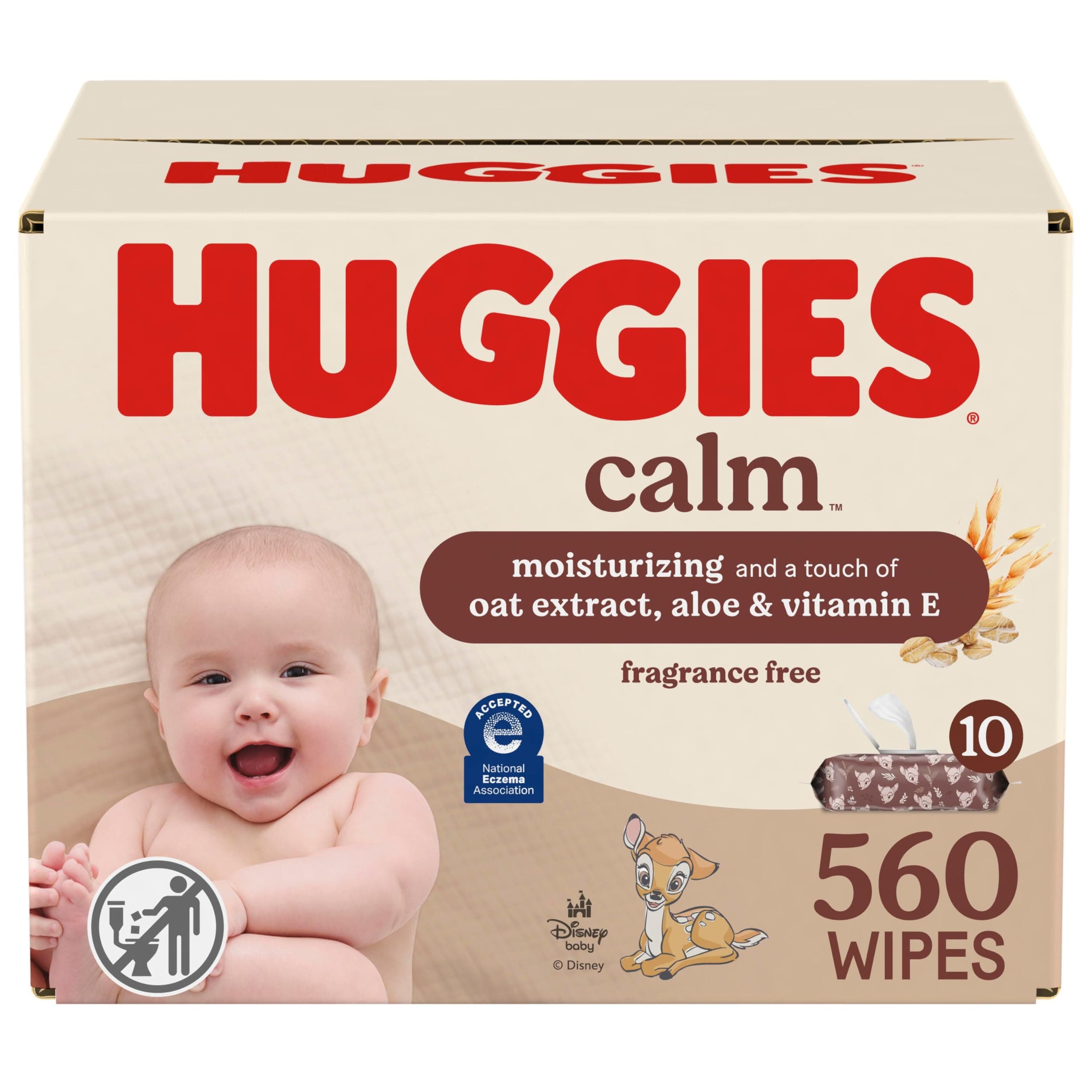 Huggies Calm Baby Wipes, Unscented, Hypoallergenic, 10 Push Button Packs (560 Wipes Total) 56 Count (Pack of 10)