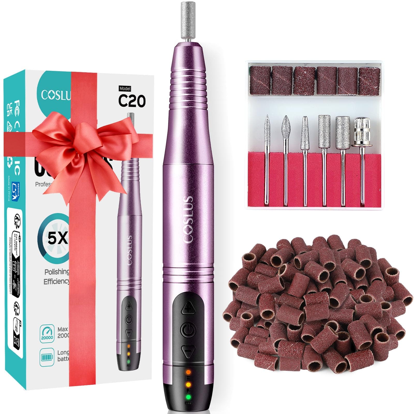 COSLUS Cordless Nail Drill Electric File: Professional for Acrylic Gel Dip Powder Nails Portable Nail Drill Machine Kit for Manicure Pedicure Nail Set with Everything Rechargeable Lightweight Dark Purple