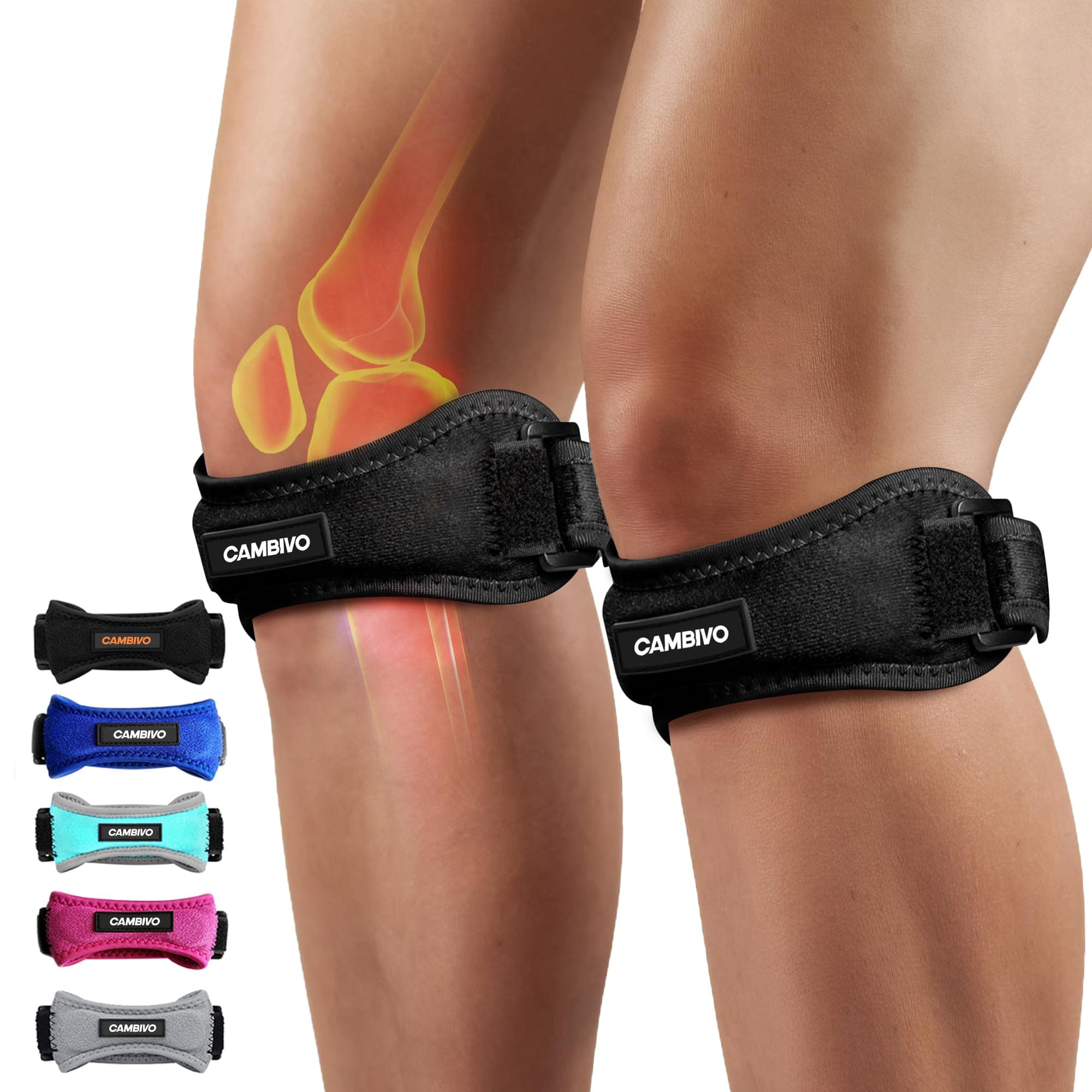 CAMBIVO 2 Pack Knee Braces for Women and Men, Patella Knee Support Strap, Basketball, Running, Hiking, Volleyball, Tennis, Squats Black
