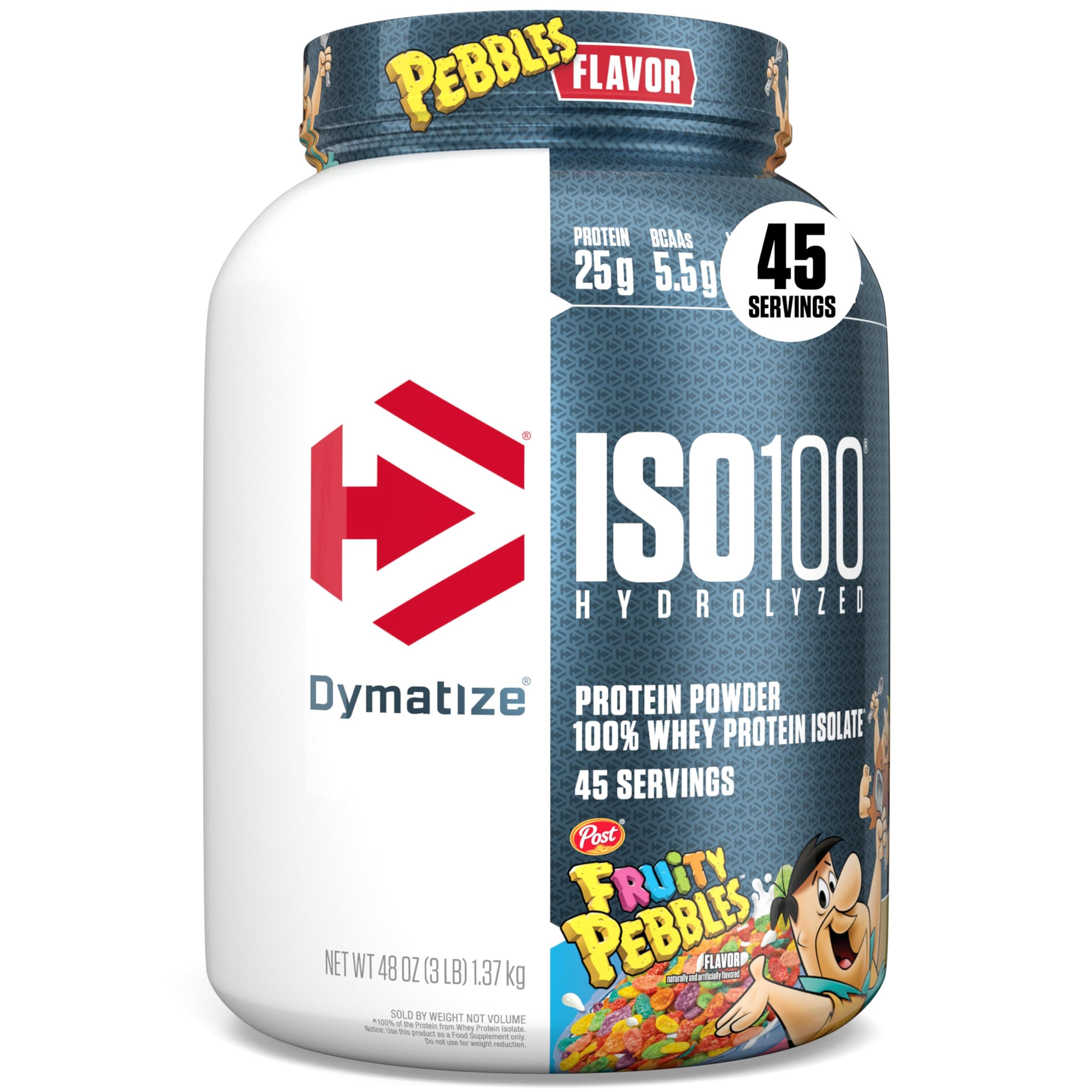 Dymatize x Fruity Pebbles ISO100 Whey Protein Powder Isolate, 25g of Protein, 5.5g BCAAs, 120 Cal., Gluten Free, 1g Fat, 1g Sugar, 2g Carb (45 Servings) Fruity Pebbles 3 Pound (Pack of 1)