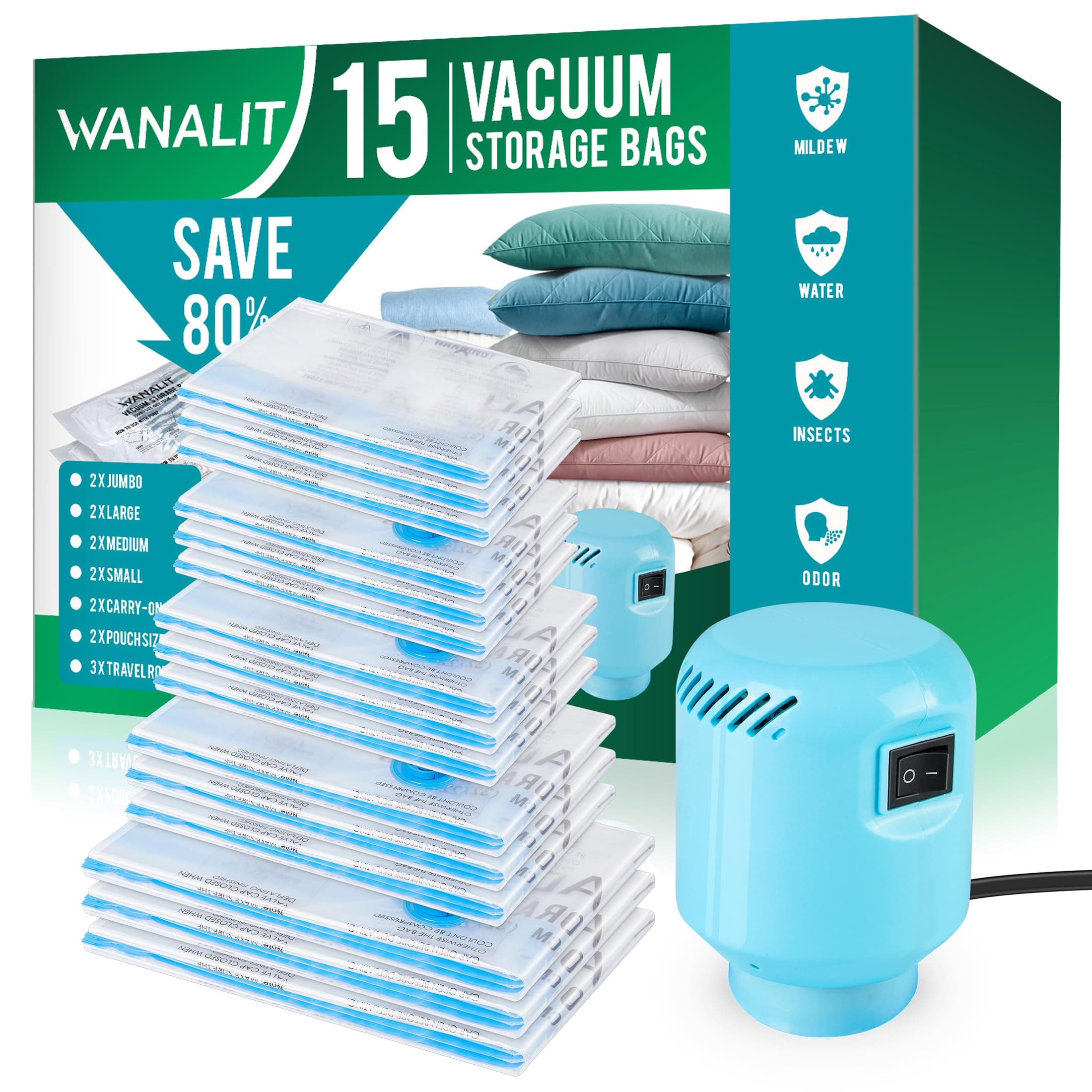 Vacuum Storage Bags with Electric Air Pump, New Air Valve Combo 15 Pack Compression Bag, Space Saving Vacuum Sealer Bags for Clothes, Blanket, Duvets, Pillows, Comforters, Travel, Two Compressing Ways 15Combo E-Pump