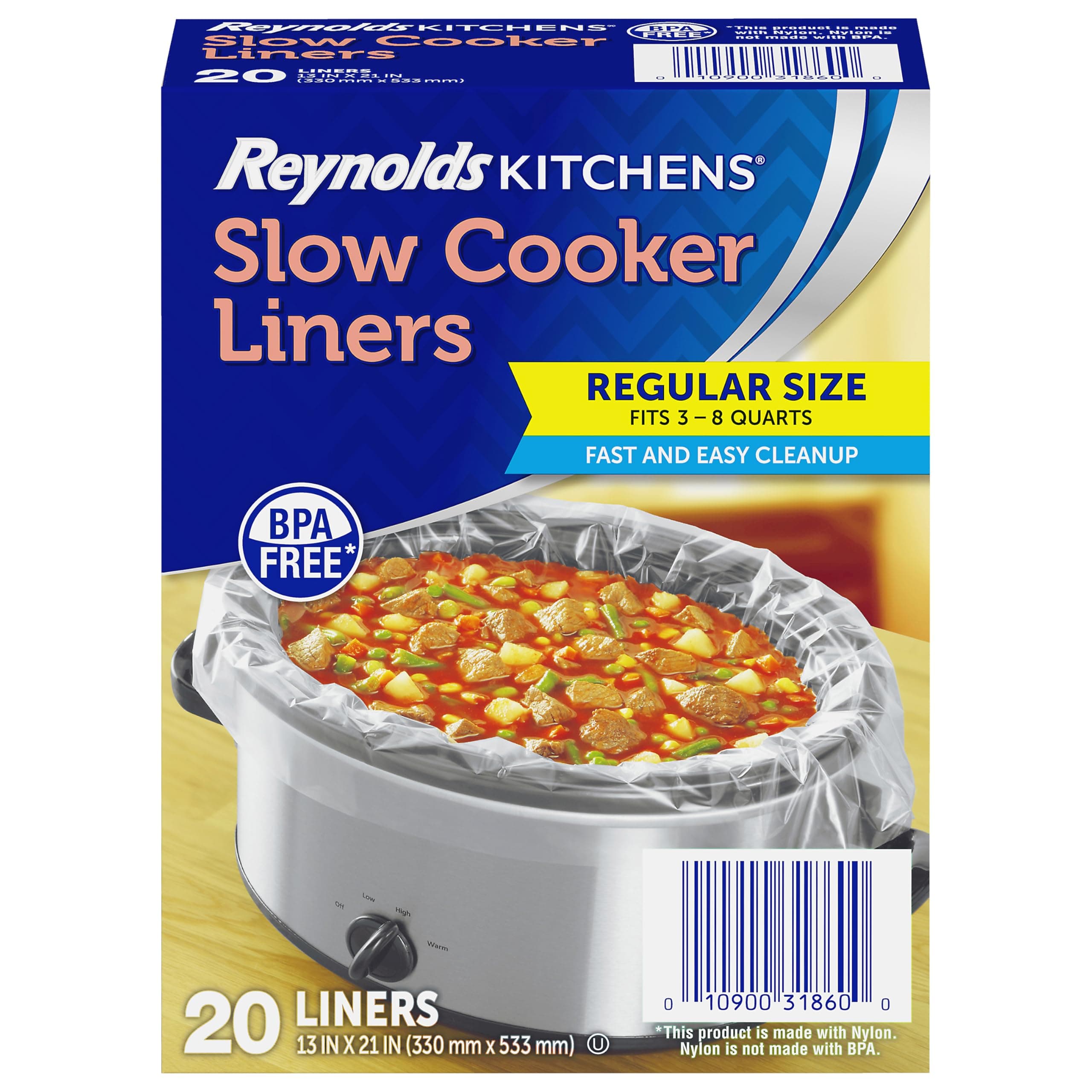 Reynolds Kitchens Slow Cooker Liners, Regular (Fits 3-8 Quarts), 20 Count 8 Quarts Regular
