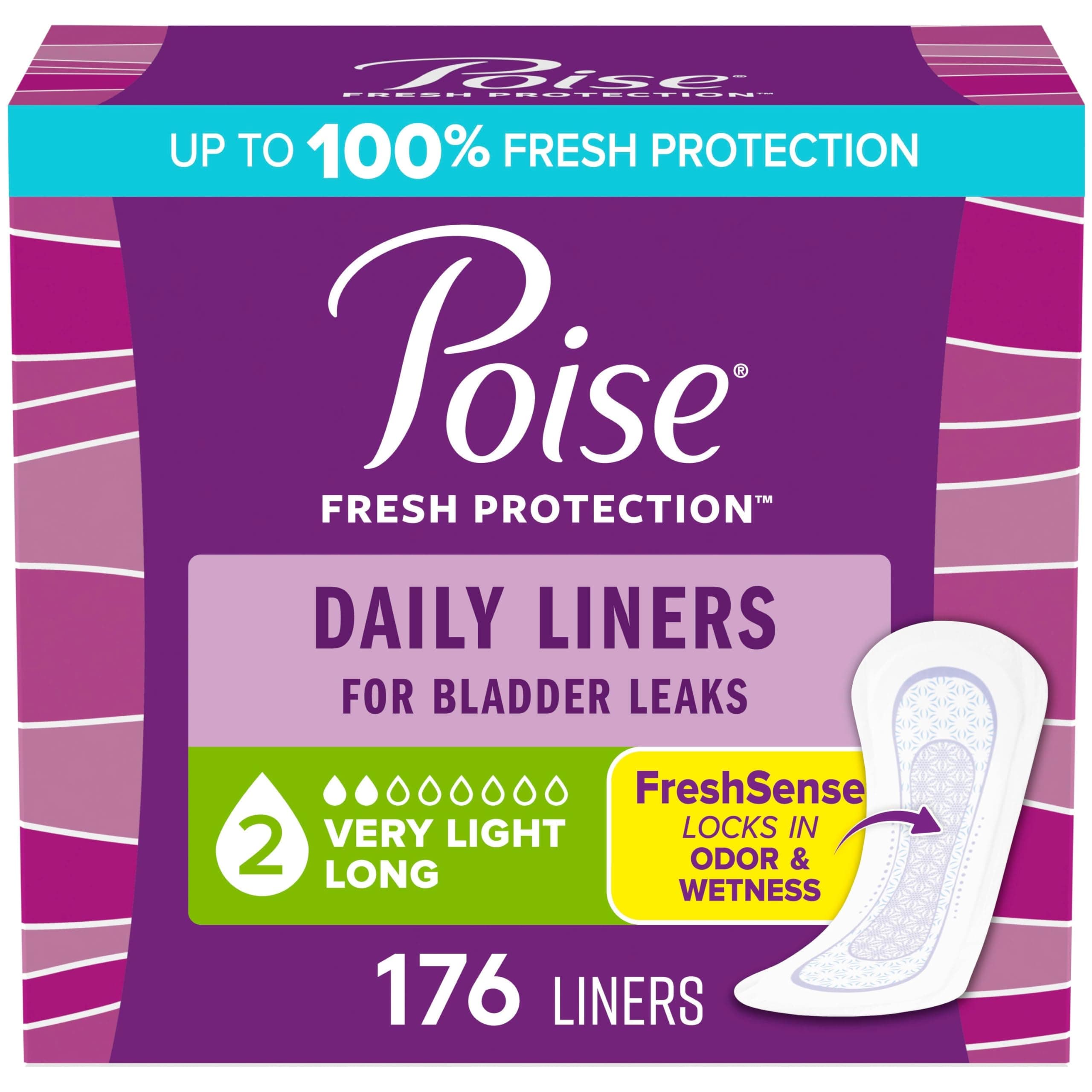 Poise Daily Liners, Incontinence Panty Liners for Bladder Leaks, 2 Drop Very Light Absorbency, Long Length, 176 Count of Pantiliners (4 Packs of 44), Packaging May Vary Long Length 176