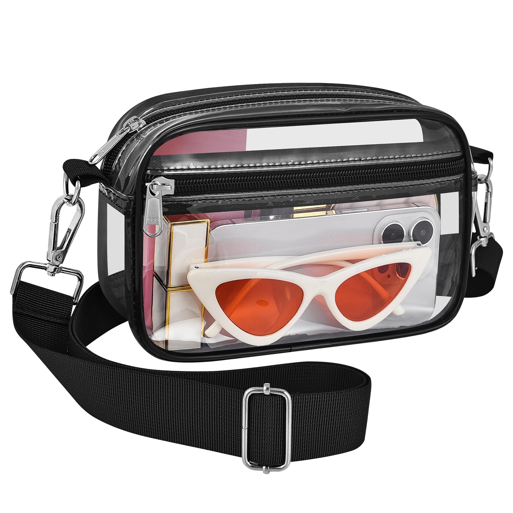 Bagenius Clear Bag for Stadium Events Clear Purse with Removable Strap Transparent Handbag for Concert and Sport Events Black