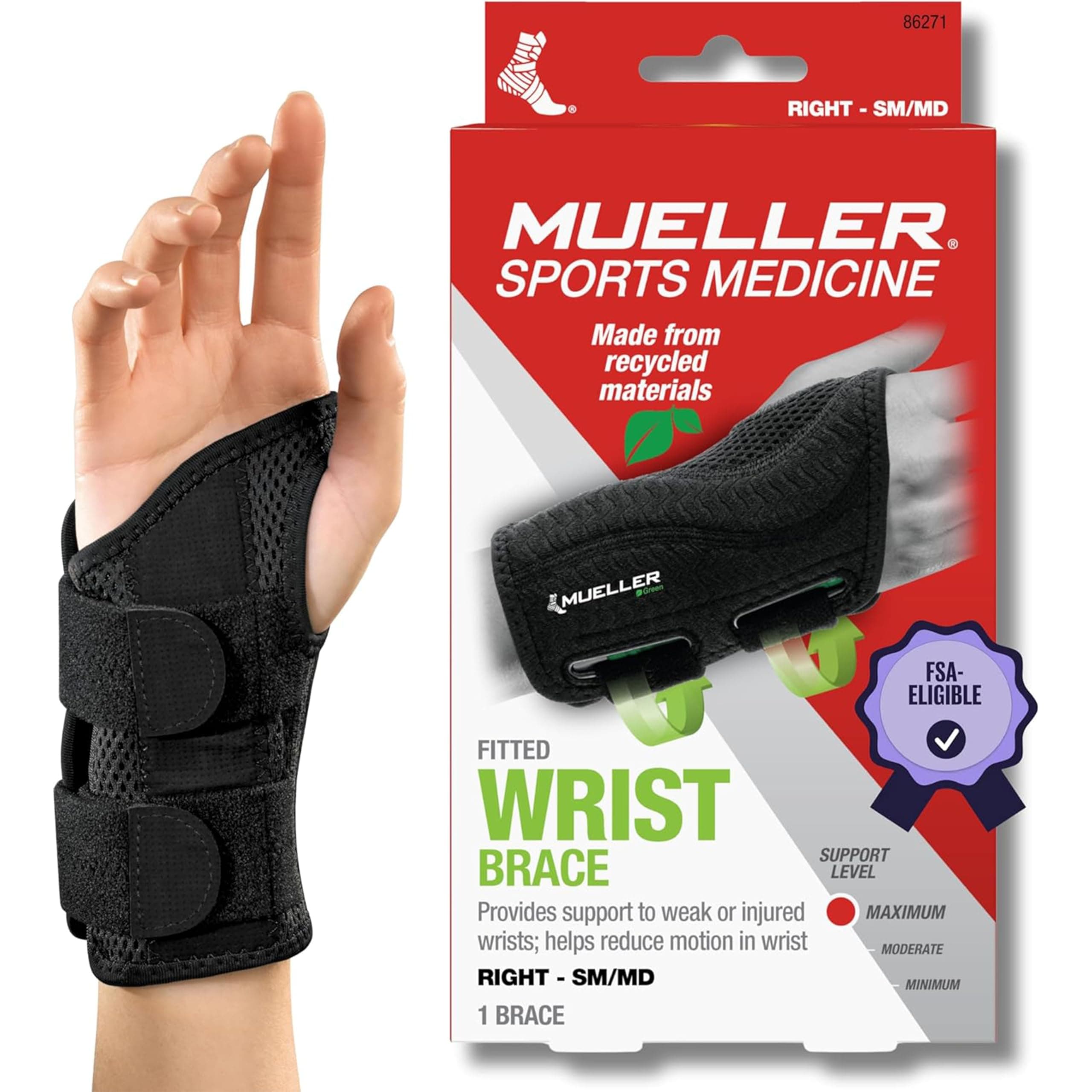 MUELLER Sports Medicine Green Fitted Wrist Brace for Men and Women, Wrist Pain Relief Support, Ideal for Carpal Tunnel, Tendonitis, Arthritis, Black Right Small/Medium (Pack of 1)