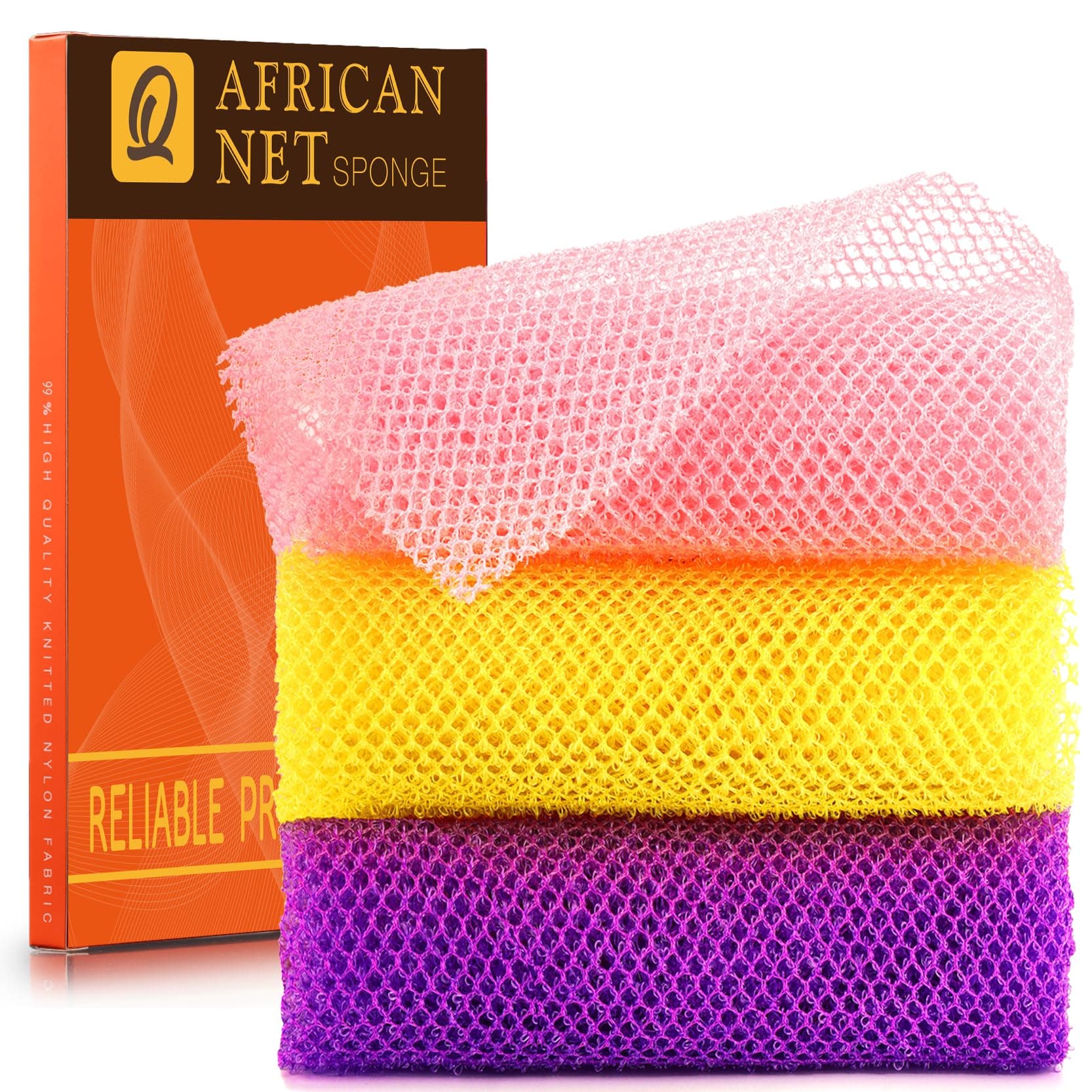 UJFQBH 3 Pieces African Bath Sponge African Net Long Net Bath Sponge Exfoliating Shower Body Scrubber Back Scrubber Skin Smoother,Great for Daily Use (Pink,Yellow,Purple) Pink ,Yellow,purple