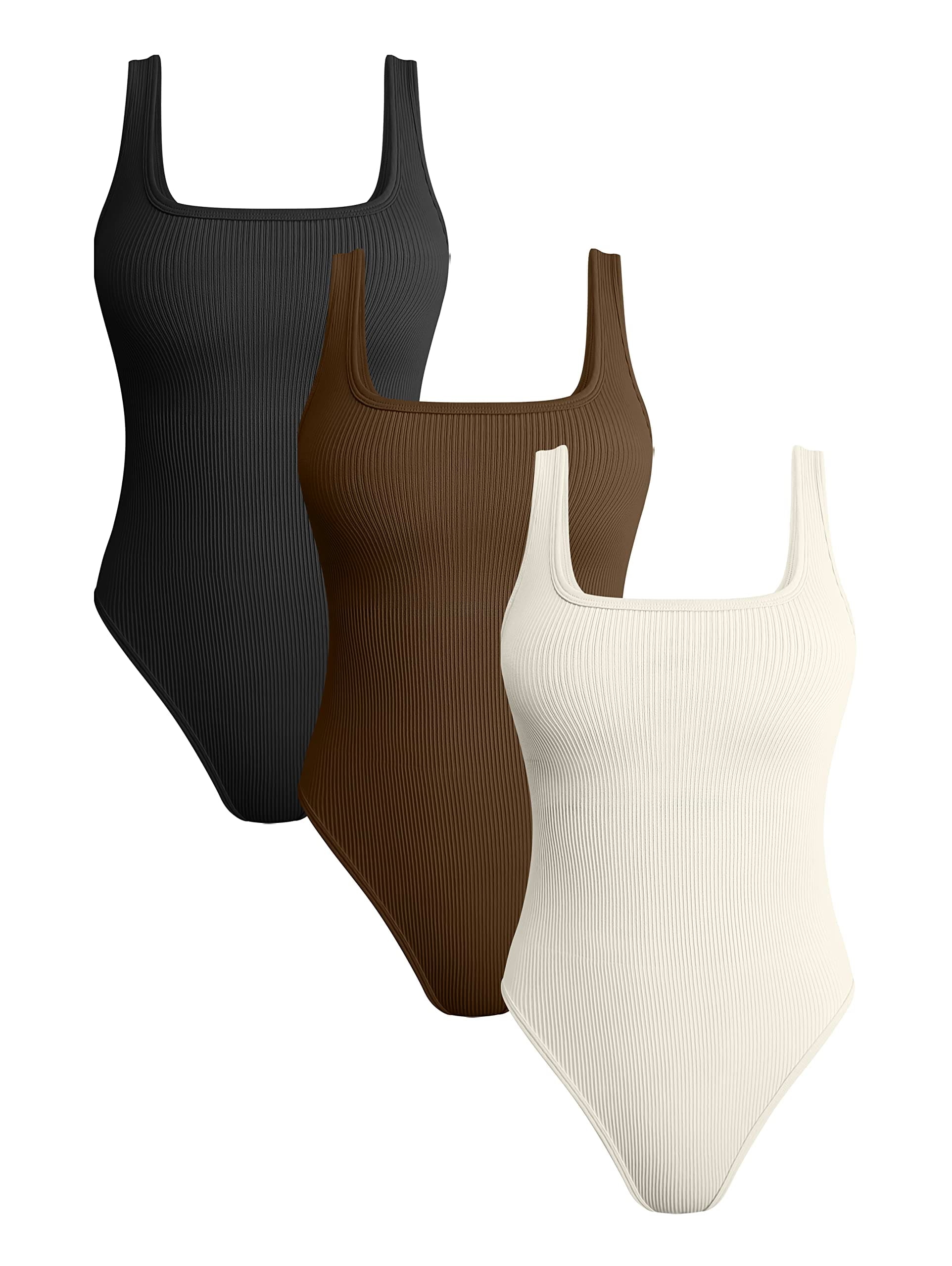 OQQ Women's 3 Piece Yoga Ribbed One Sleeveless Tummy Control Top BodySuit, Black Coffee Beige, Medium