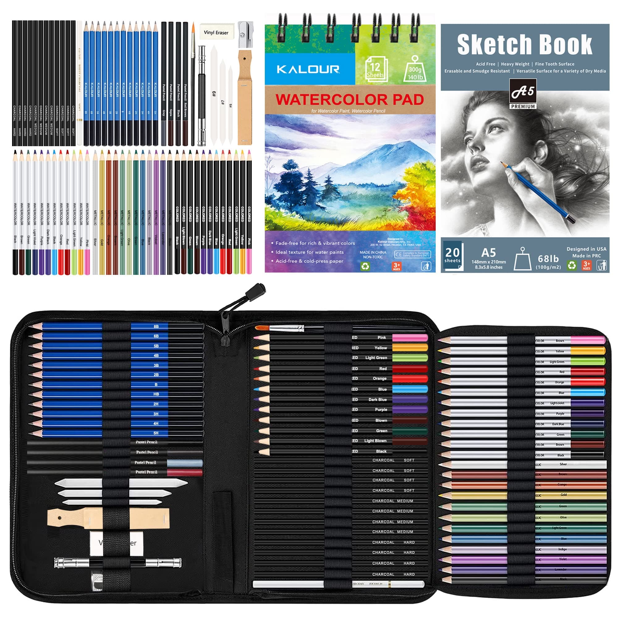 KALOUR 76 Drawing Sketching Kit Set - Pro Art Supplies with Sketchbook & Watercolor Paper - Include Tutorial,Pastel,Watercolor,Sketch,Colored,Metallic,Charcoal Pencils - for Artists Beginners Adults