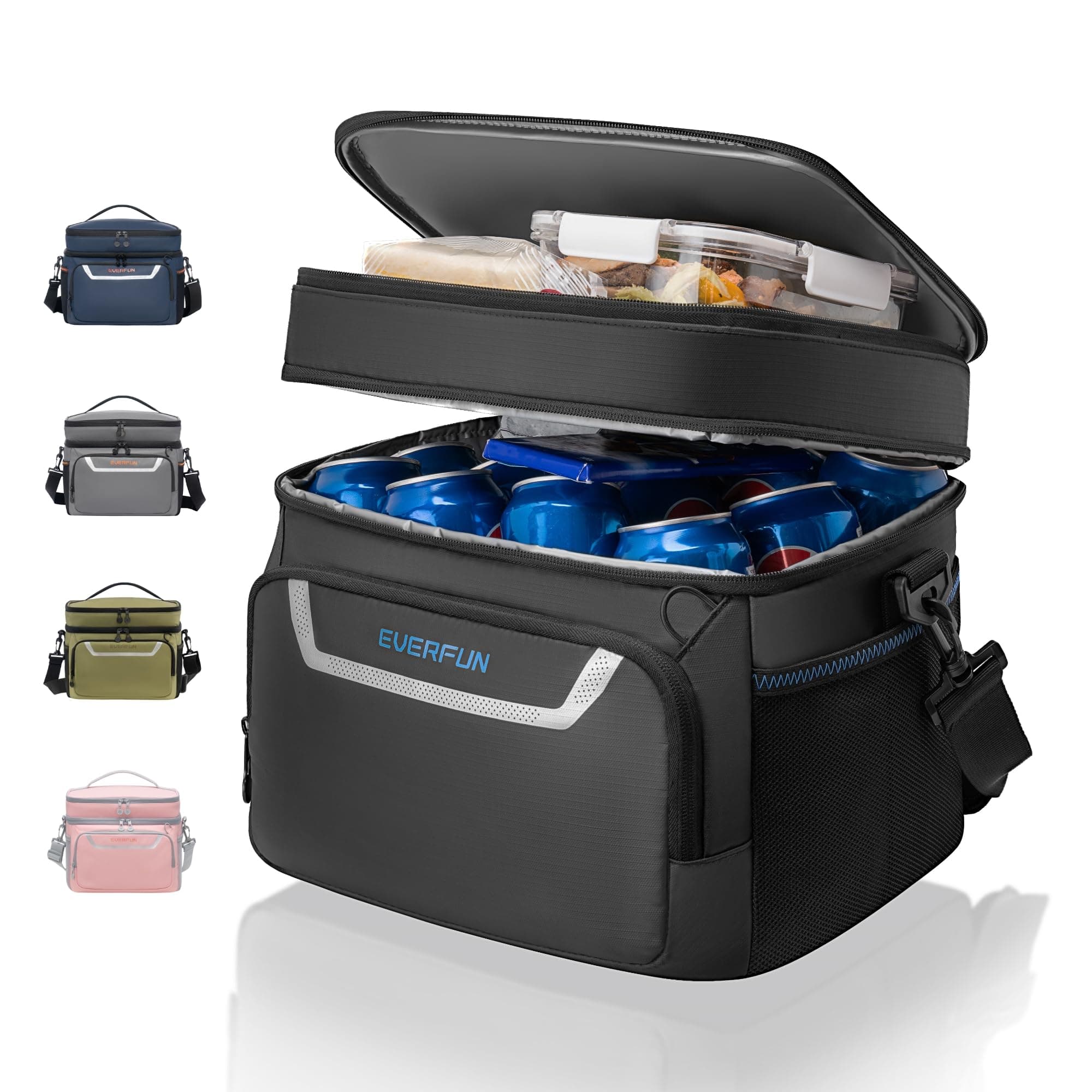 EVERFUN Small Cooler Lunch Box Mini Leak-Proof Soft Double Deck 24 Can Personal Insulated Collapsible Portable Waterproof Lunch Bag Ice Chest for Men Women Work Travel Car Picnic Beach Black Medium Size