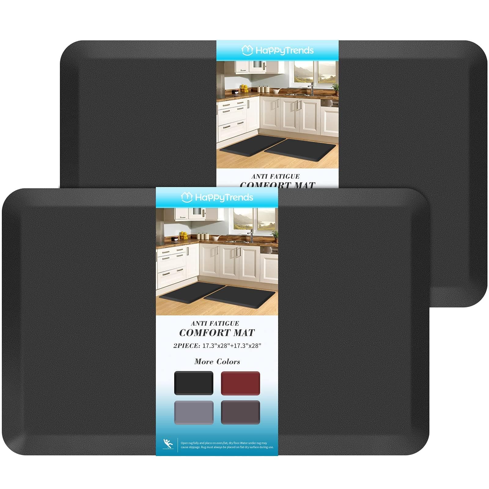 HappyTrends 2 PCS Kitchen Mat Cushioned Anti-Fatigue Floor Mat, Heavy Duty Ergonomic Comfort Foam Standing Mat, Waterproof Non-Slip Kitchen Rugs for Home, Office, Laundry,Black Black 17.3"x28"+17.3"x28"