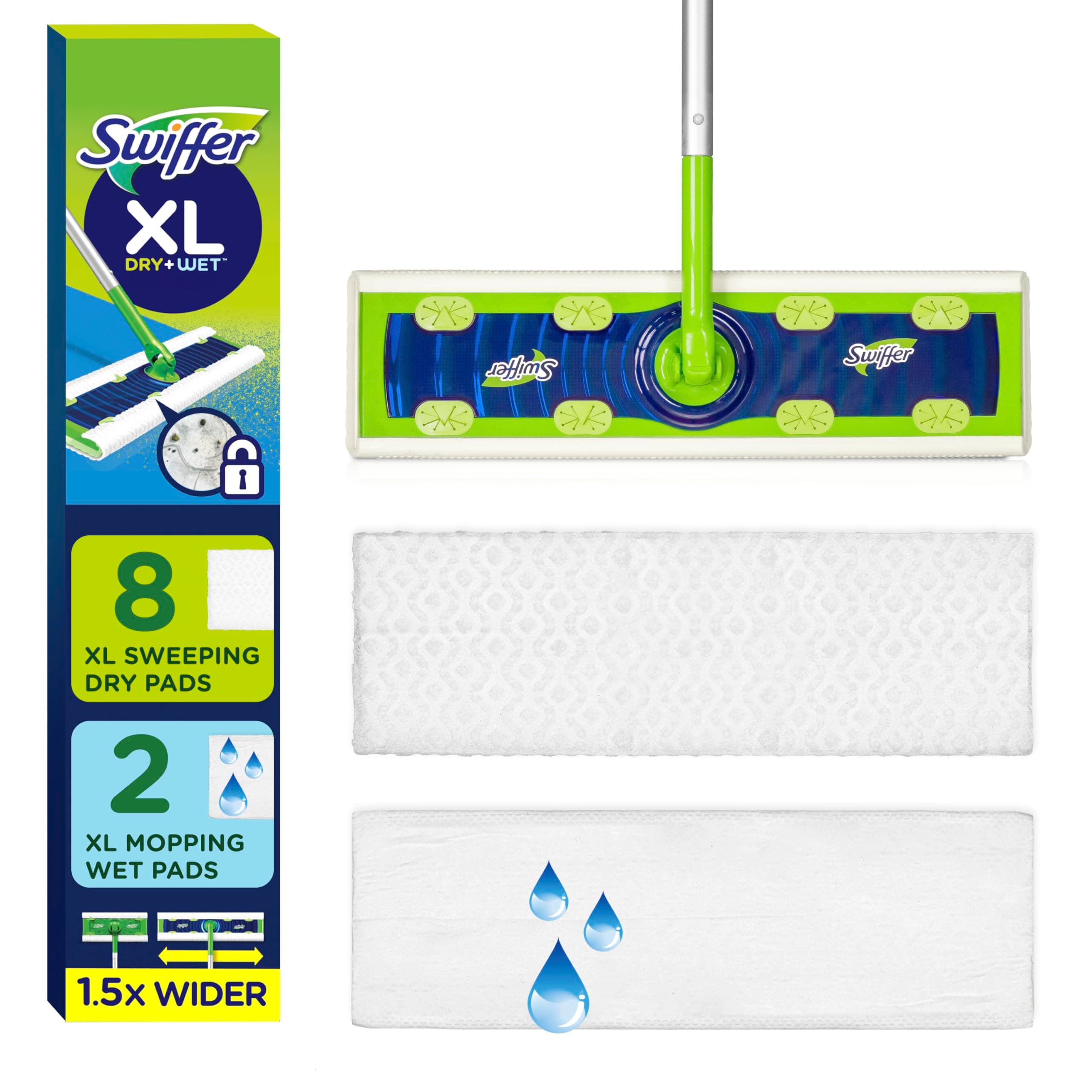 Swiffer Sweep + Mop XL, Broom & Mop Alternative, Floor Cleaner for Dirt, Dust, Hair, All Purpose Cleaning Tool for Home, Bathroom, Kitchen, Set Includes 1 XL Sweeper 8 XL Dry Pads 2 XL Wet Pads Fresh XL Starter Kit (New!)
