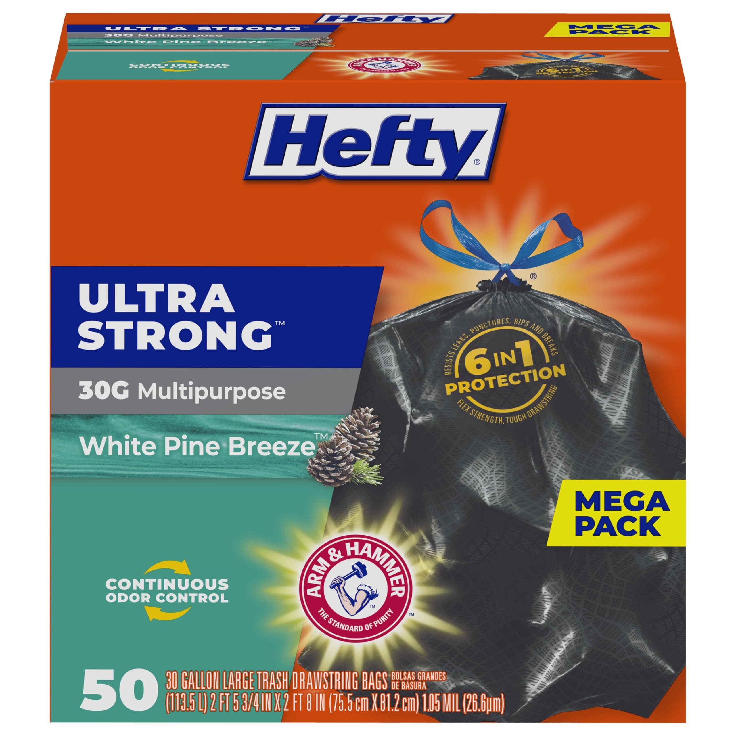 Hefty Ultra Strong 30 Gallon Trash Bags, Large Trash Bags 30 Gallon Size, Multipurpose, Break Resistant Drawstring Closure, Resists Leaks, Punctures, and Tears, Black, White Pine Breeze Scent, 50 Bags 50 Count (Pack of 1)