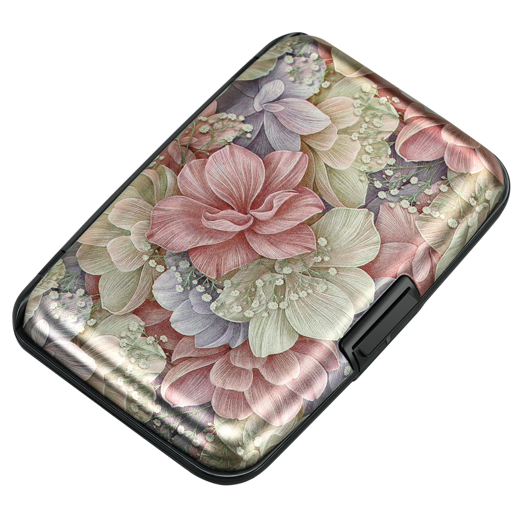 ELFISH Mini RFID Aluminum Wallet Credit Cards Holder Business Card Case Metal ID Case for Men Women(Happy Flower