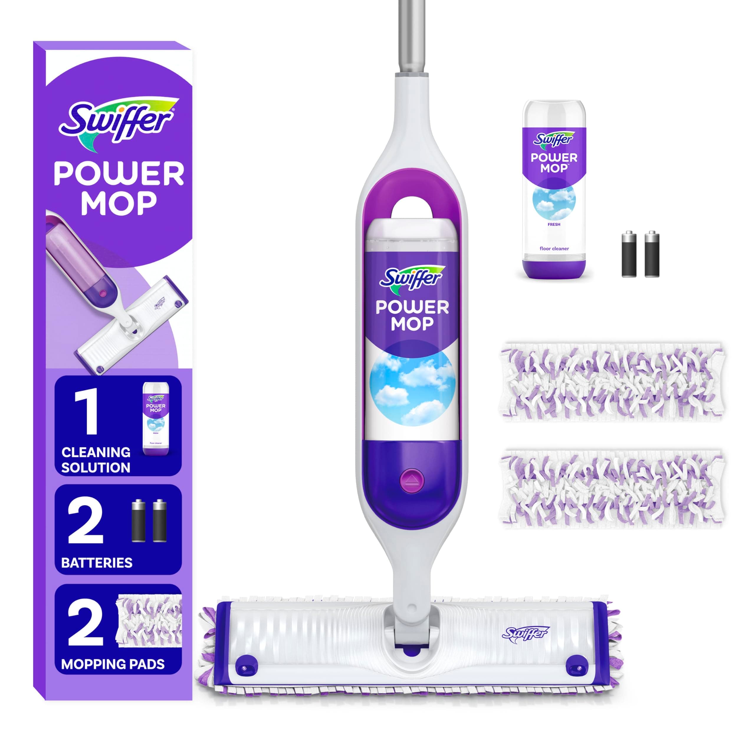 Swiffer PowerMop Multi-Surface Mop Kit for Floor Cleaning, Includes PowerMop, 2 Mopping Pad Refills, 1 Cleaning Solution with Fresh Scent and 2 Batteries Purple and White