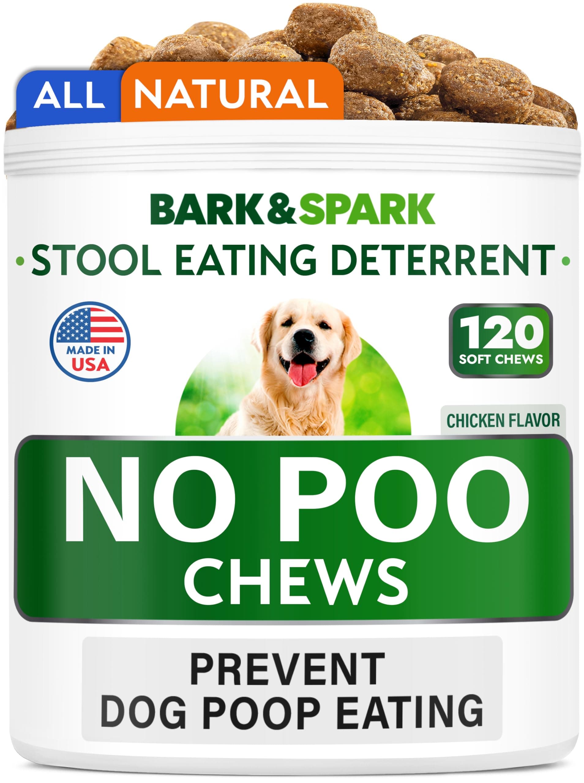 BARK&SPARK NO Poo Treats - Prevent Dog Poop Eating - Coprophagia Treatment - Stool Eating Deterrent - Probiotics & Enzymes - Digestive Health + Breath Aid - Made in USA - (120 Ct - Chicken) Chicken NoPoo Chews - 120