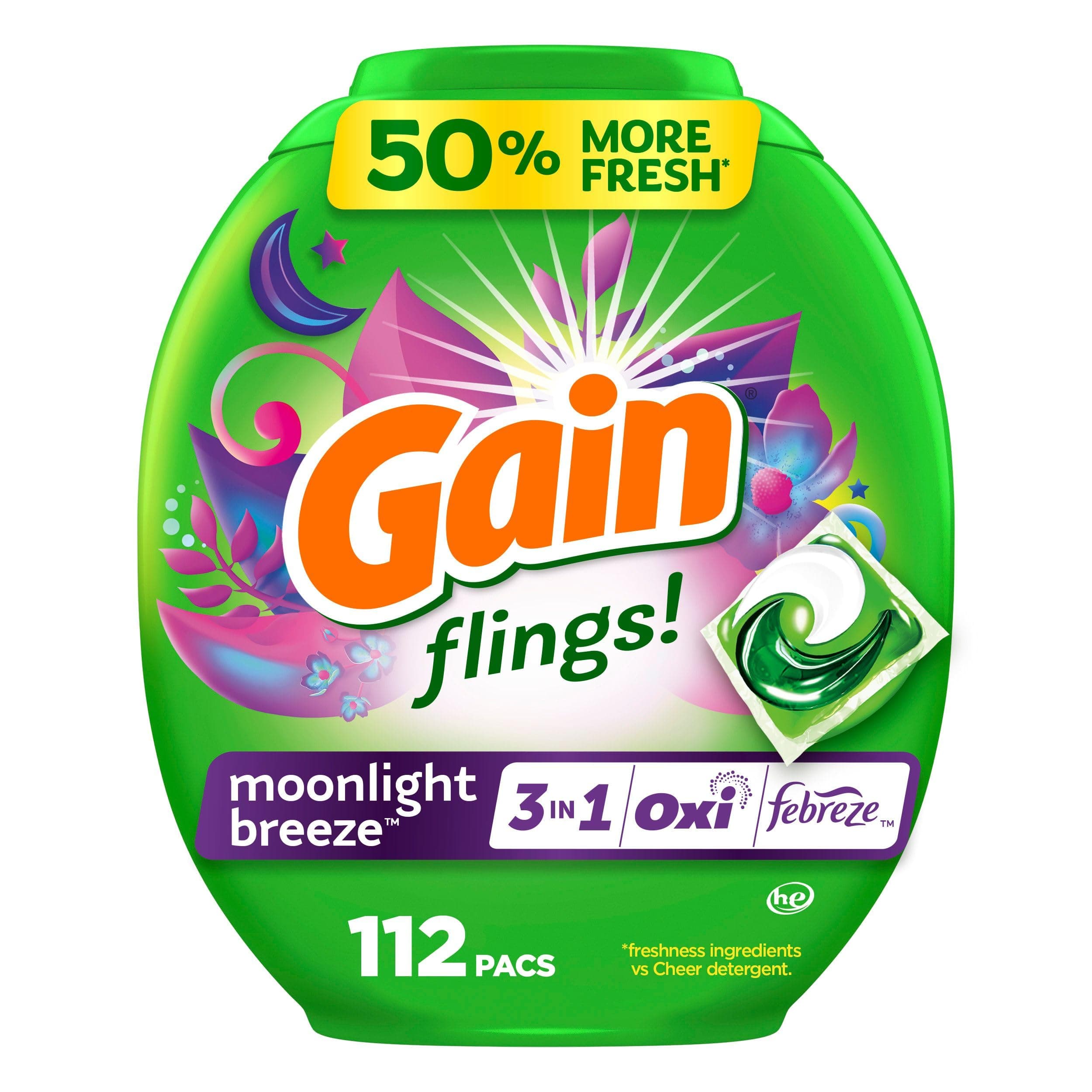 Gain Flings Laundry Detergent Pacs, 112 Count, Moonlight Breeze Scent, 3 in 1 HE Detergent Pacs with Oxi Boost and Febreeze Moonlight Breeze 112 Count (Pack of 1)
