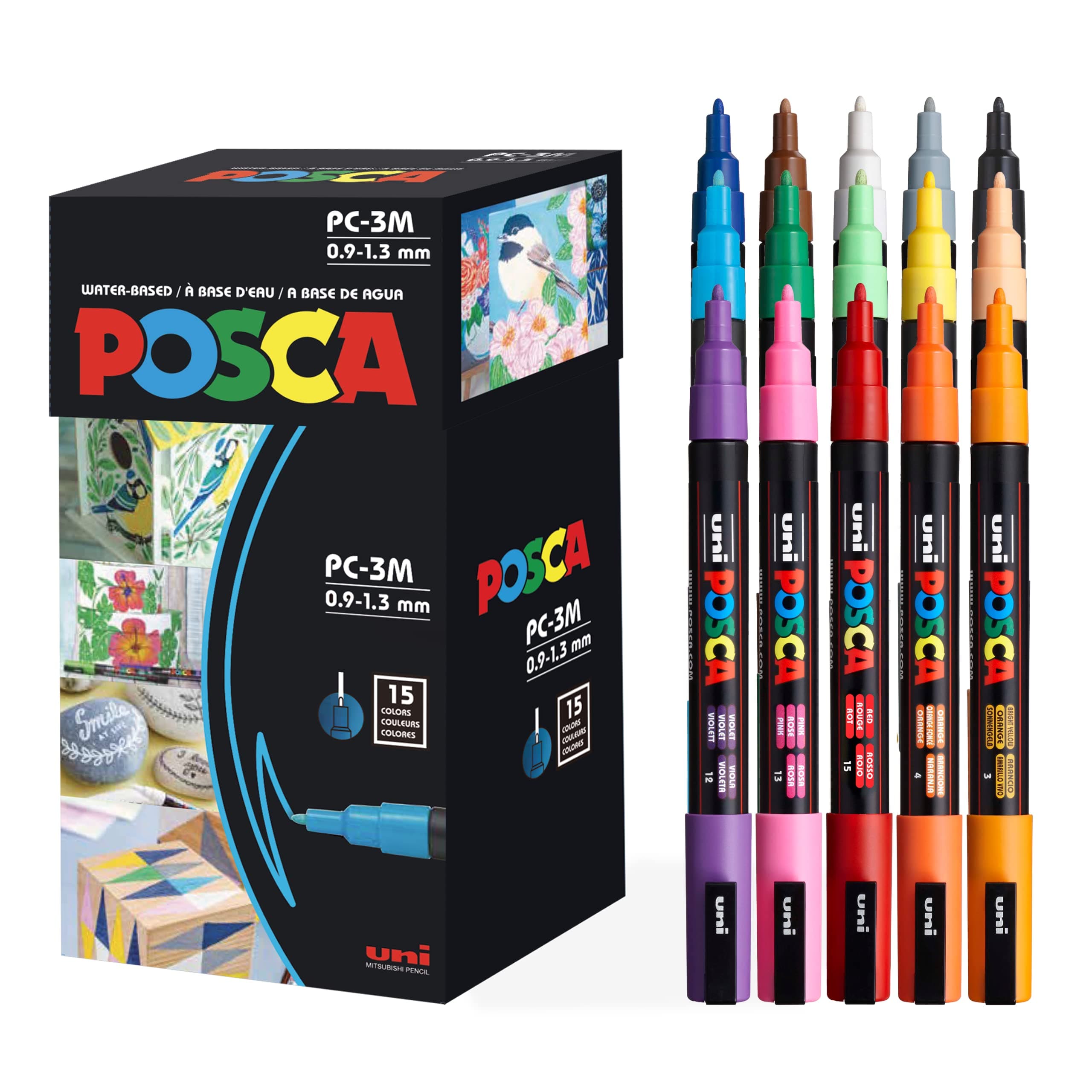 Posca Paint Markers, 3M Fine Point Acrylic Paint Pens with Reversible Tips, Art Supplies For Gifts, Decorations Fabric, Metal, Glass, Wood and Canvas, Set of 15