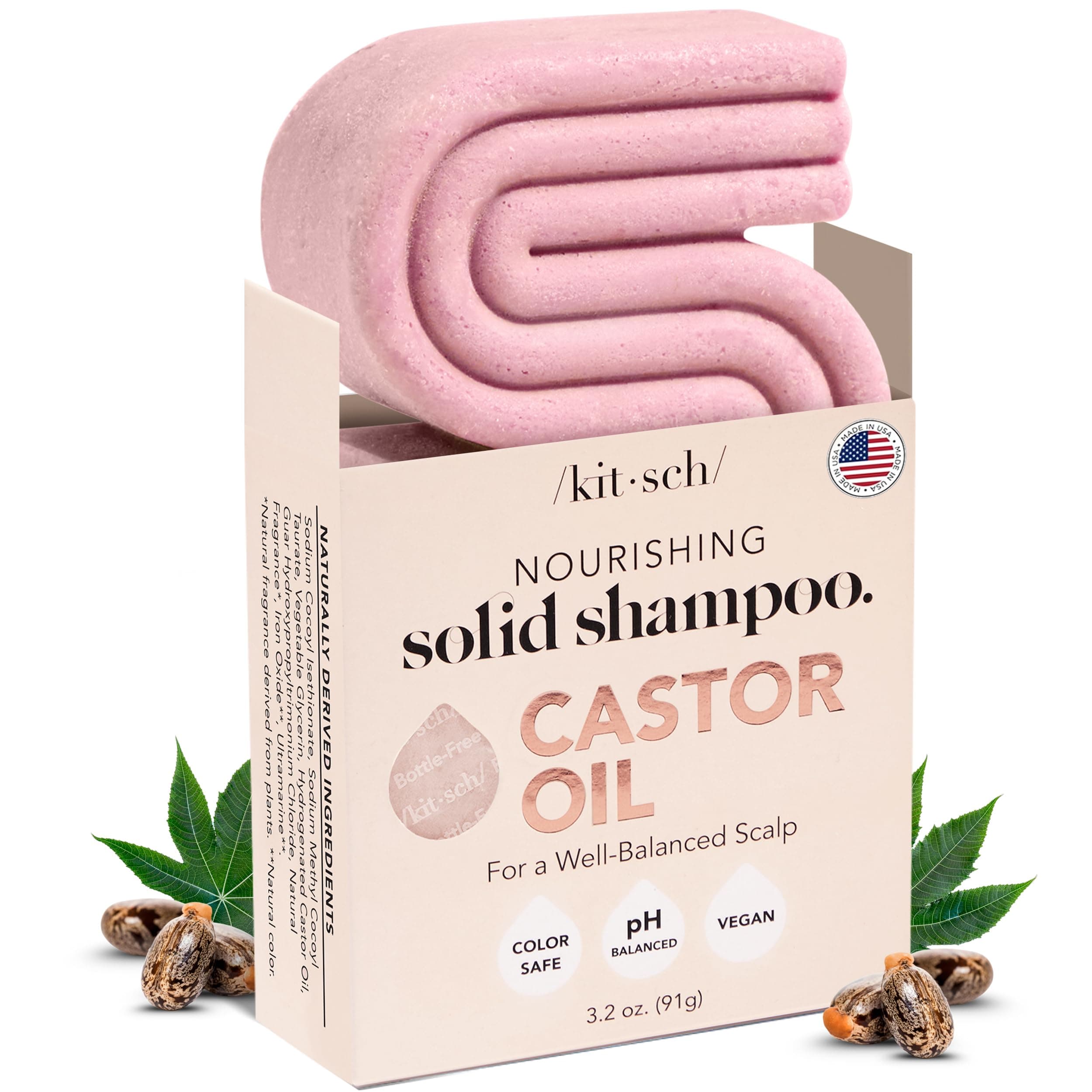 Kitsch Castor Oil Shampoo Bar Soap - Hydrating & Moisturizing Hair Care - Organic Castor Oil Solid Shampoo for Hair Growth & Scalp Nourishment - Silicone & Paraben-Free, Vegan, Made in USA - 3.2oz Castor Oil Nourishing Shampoo Bar NEW