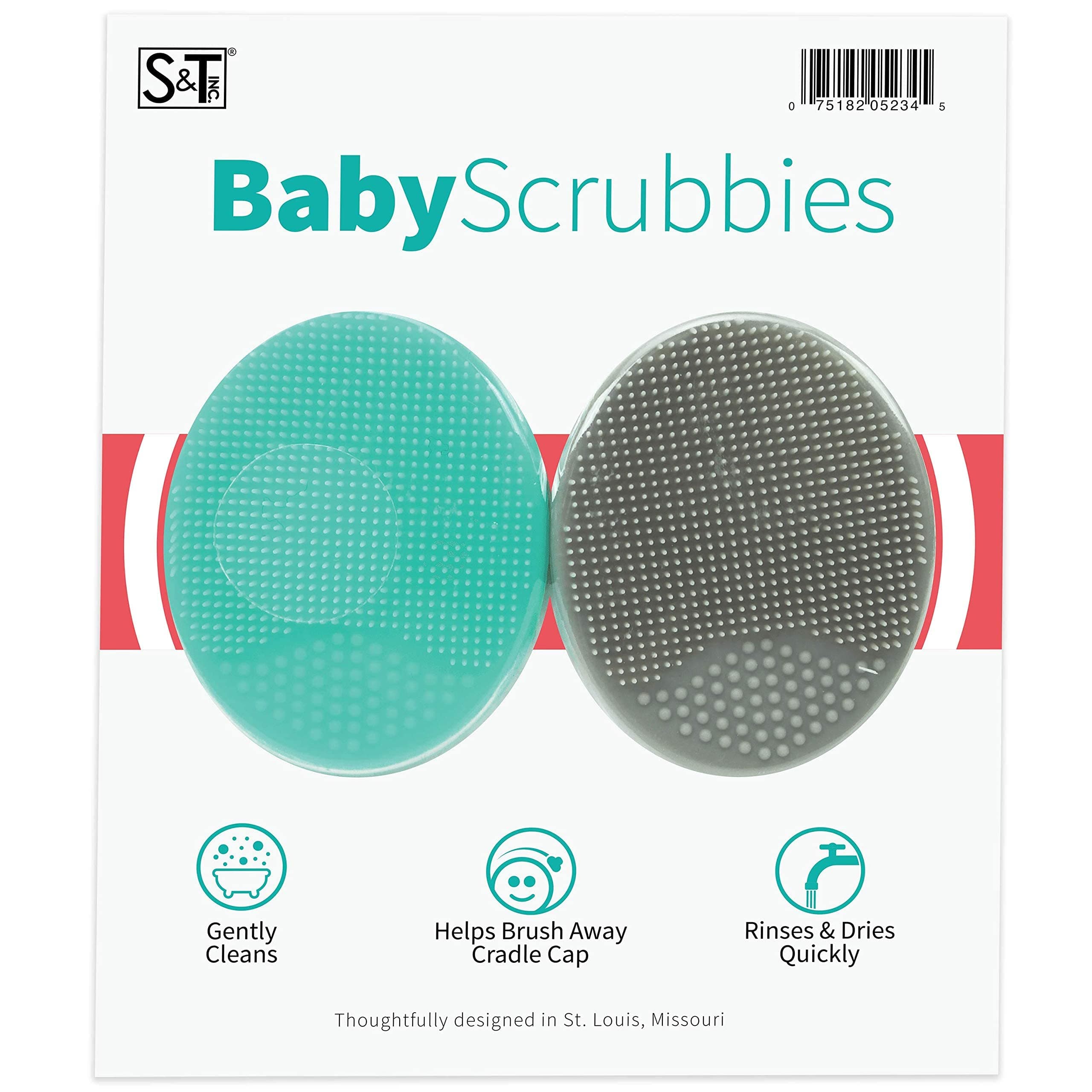 S&T INC. Exfoliating and Massaging Cradle Cap Bath Brushes for Baby, Silicone - 2 Inch x 2.5 Inch, Grey and Teal, 2 Pack
