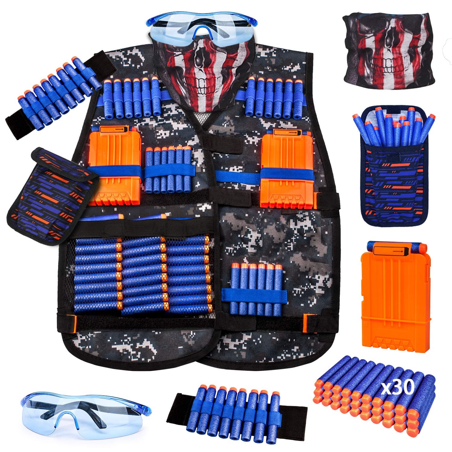 KKONES Kids Tactical Vest Kit for Nerf Guns Series with Refill Darts,Dart Pouch, Reload Clips, Tactical Mask, Wrist Band and Protective Glasses, Toys for 8 9 10 11 12 Year Boys 1 Pack