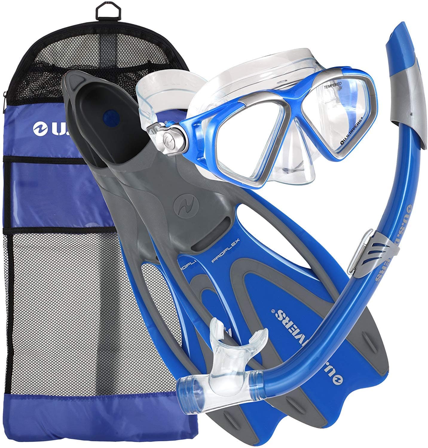 U.S. Divers Adult Cozumel Mask/Seabreeze II Snorkel/Proflex Fins/Gearbag Small (5 - 6.5) Electric Blue