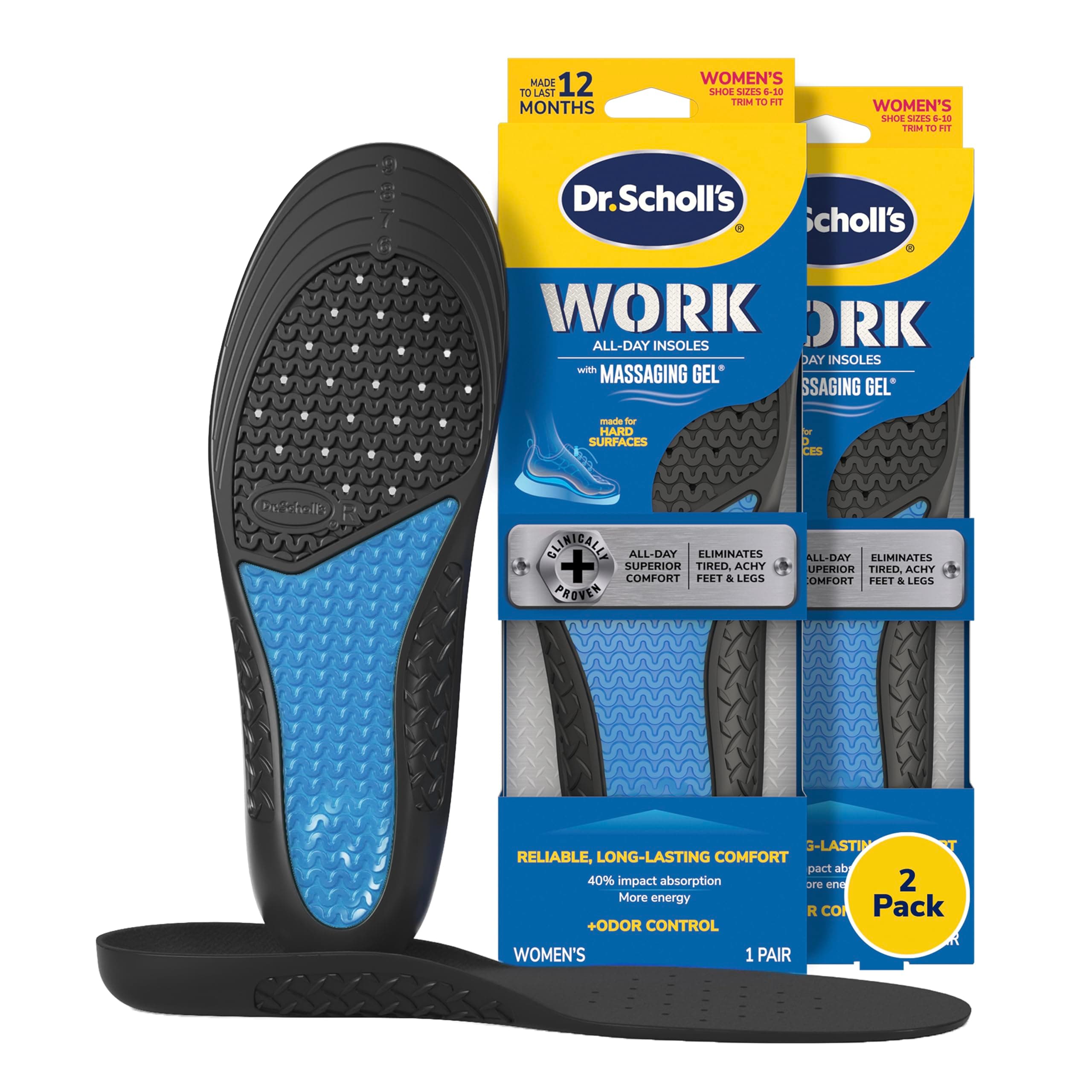 Dr. Scholl's Work All-Day Superior Comfort Insoles with Massaging Gel - Designed for Men & Women with Hard-Working Feet, Eliminates Sore Muscles and Tired Legs, Arch Support Inserts with Odor Control 2 Count (Pack of 1) Women's 6-10