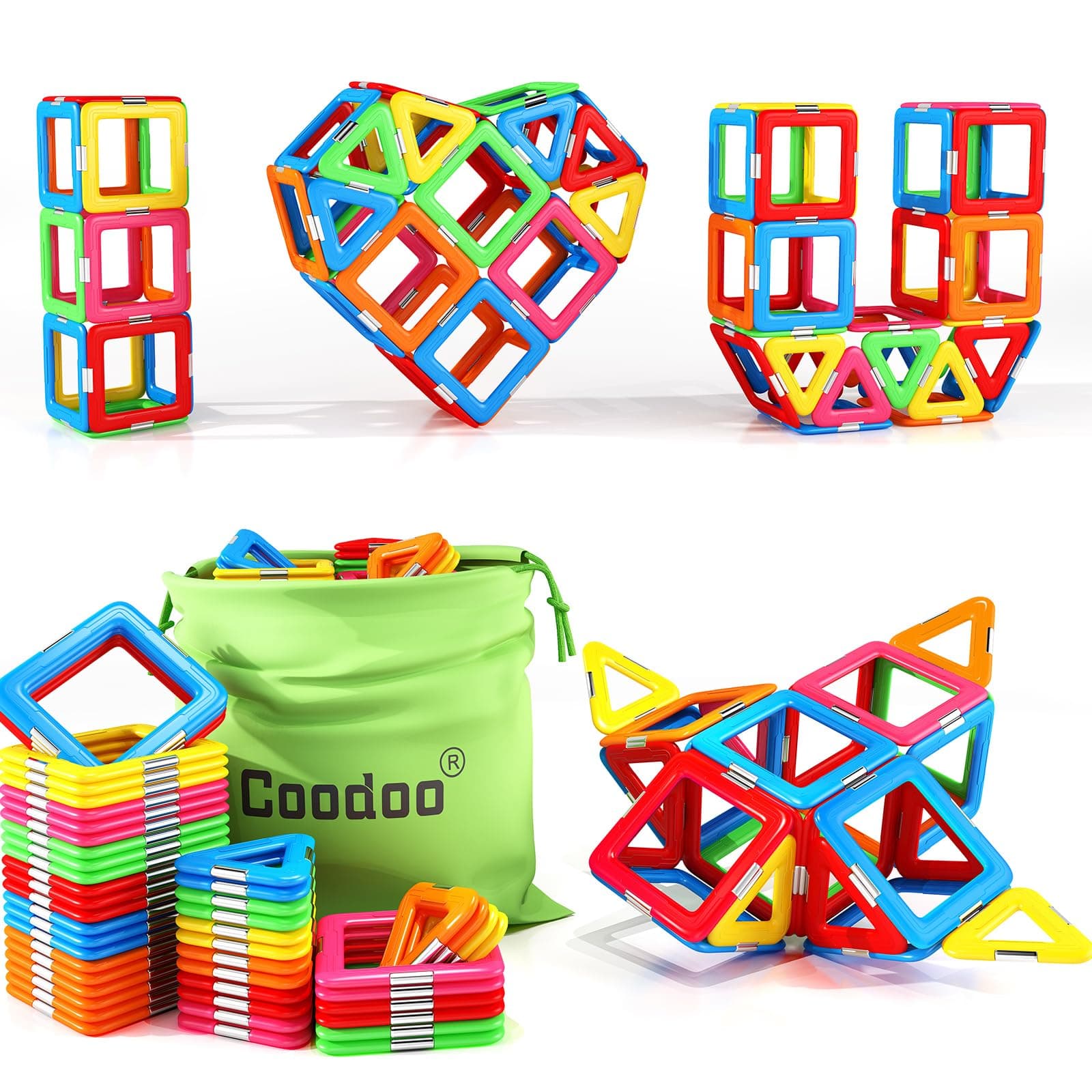 Coodoo Upgraded Magnetic Blocks Tough Tiles STEM Toys for 3+ Year Old Boys and Girls Learning by Playing Games for Toddlers Kids, Compatible with Major Brands Building Blocks - Starter Set Magnetic Blocks - Starter Set