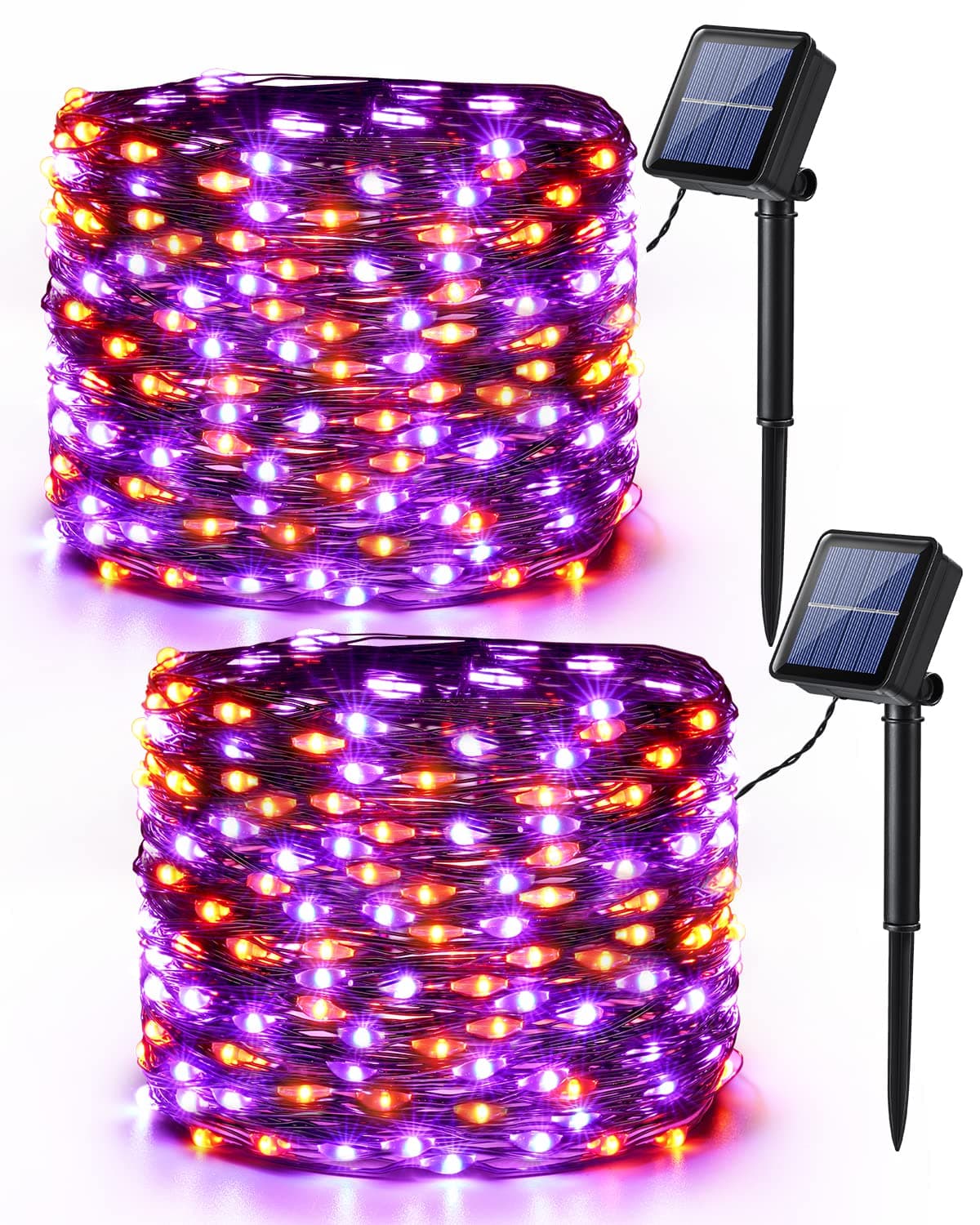 Brizled Orange & Purple Halloween Lights, 2 Pack Total 78FT 240 LED Solar Halloween Fairy Lights, 8 Modes Outdoor Orange Fairy Light, Purple Twinkle Light String Black Wire Outside Spooky Decorations Purple & Orange