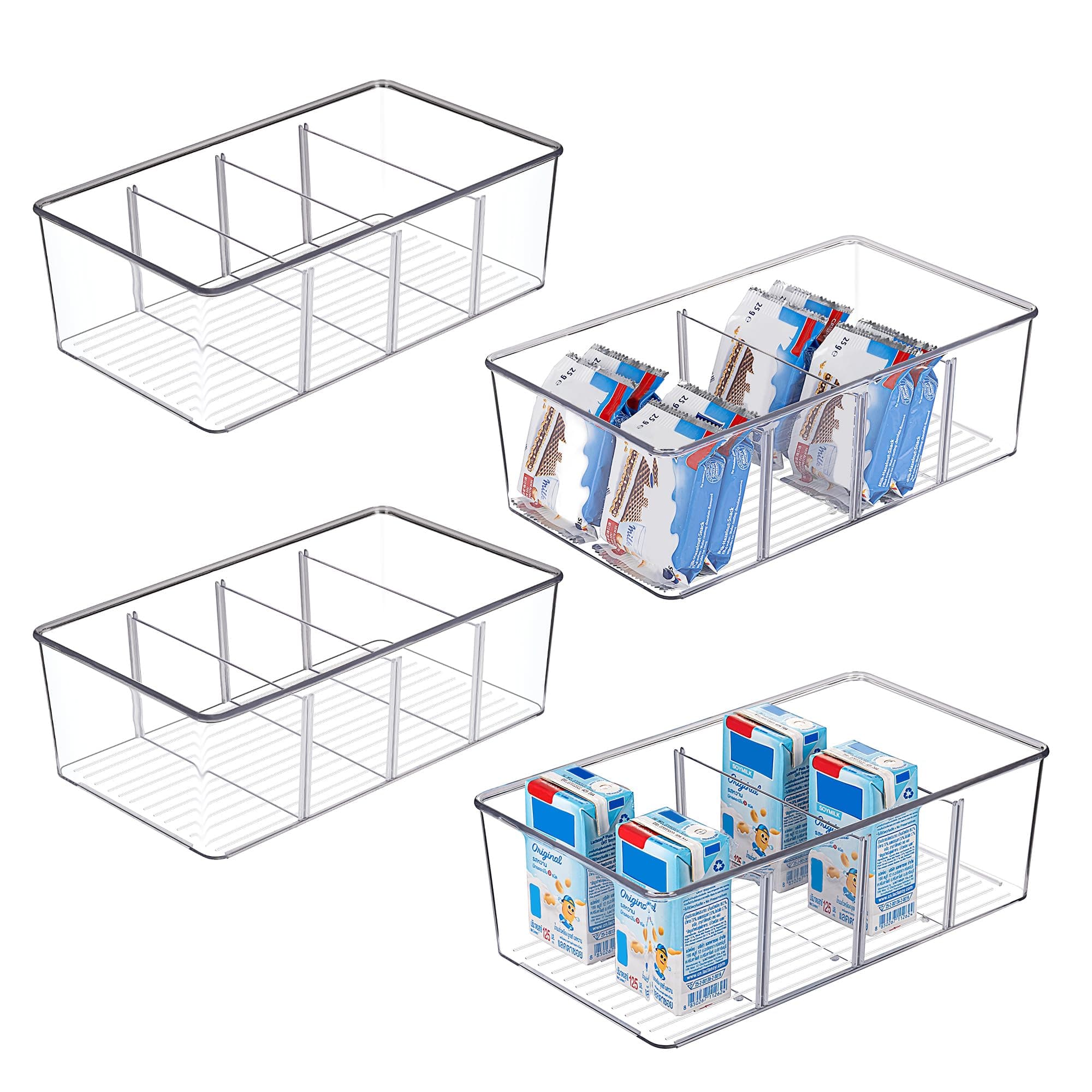 Vtopmart 4 Pack Food Storage Organizer Bins, Clear Plastic Bins for Pantry, Kitchen, Fridge, Cabinet Organization and Storage, 4 Compartment Holder Packets, Snacks, Pouches, Spice Packets 4pack