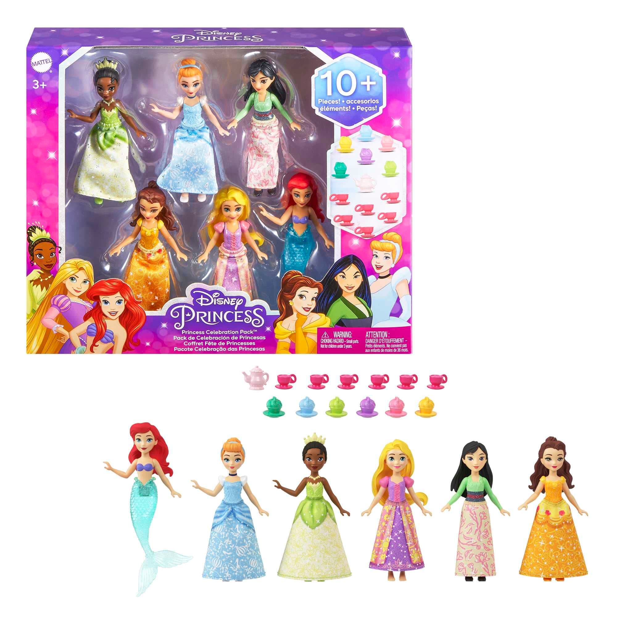 Mattel Disney Princess Toys, Small Doll Party Set with 6 Posable Dolls in Sparkling Clothing & 13 Tea Time Accessories 6 Pack