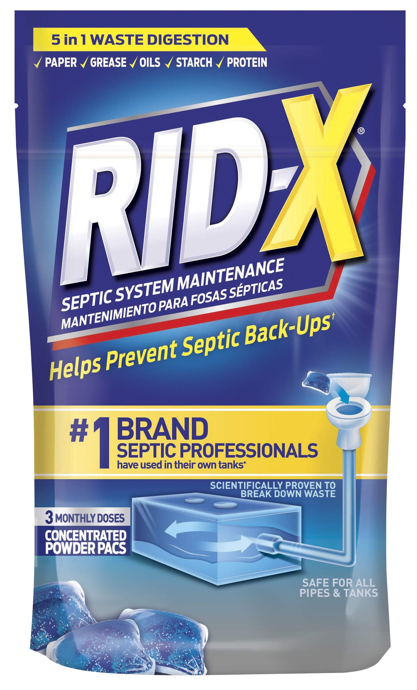 Rid-X Septic System Treatment, Septic Tank Treatment, 3-Monthly Supply Dual Action Septi-Pacs - 3.2 oz 3 Month Supply (3.2 oz) (Pack of 1)