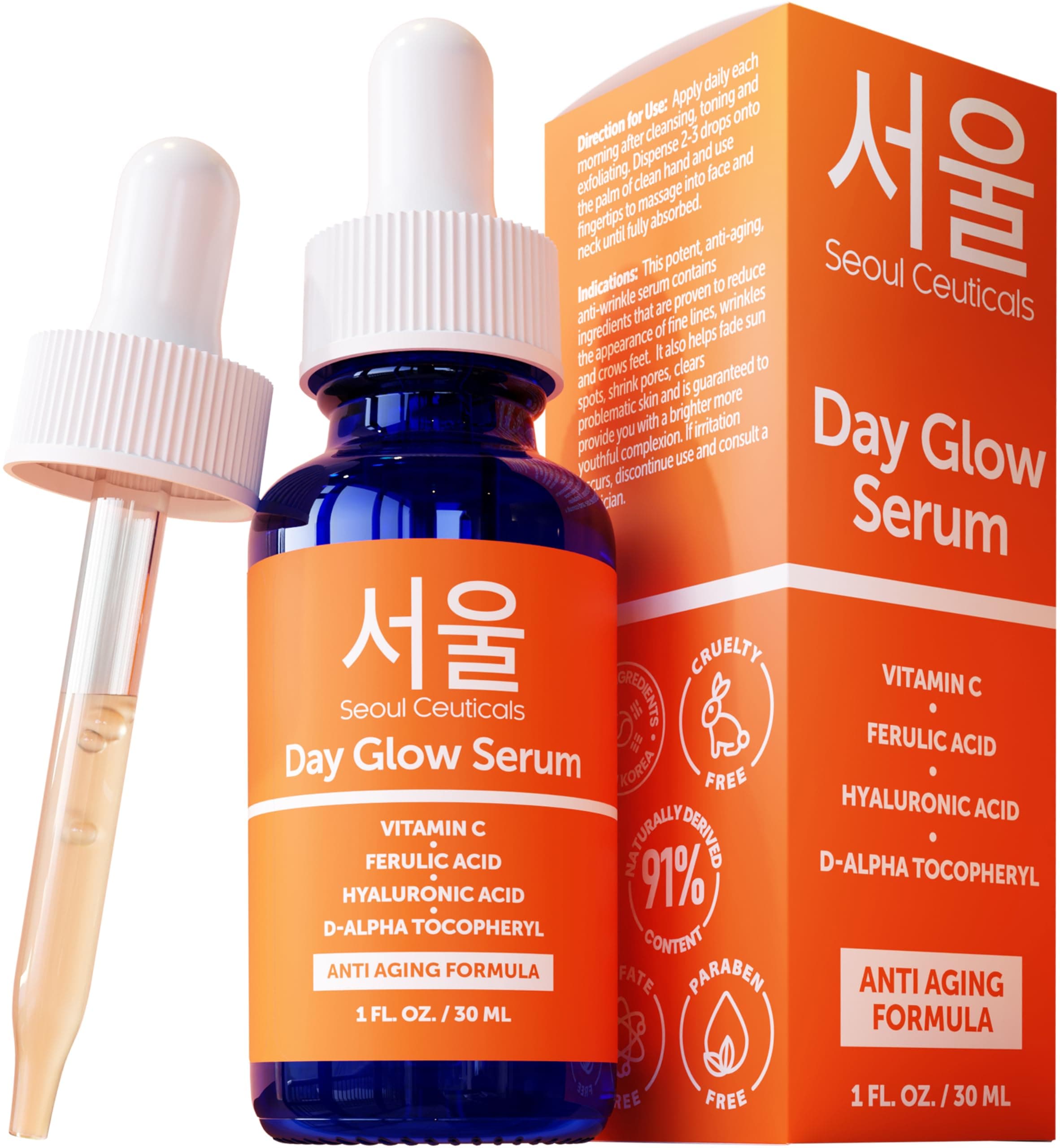 SeoulCeuticals Korean Skin Care 20% Vitamin C Hyaluronic Acid Serum + CE Ferulic Acid - Potent Anti Aging Vit C, Anti Wrinkle K Beauty Skincare 1oz 1 Fl Oz (Pack of 1)