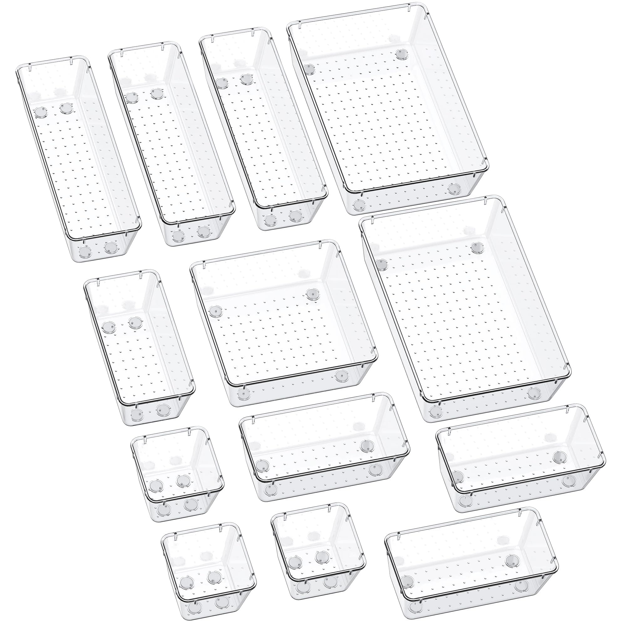 SMARTAKE 13-Piece Drawer Organizers with Non-Slip Silicone Pads, 5-Size Desk Bathroom Drawer Organizer Trays Storage Tray for Makeup, Jewelries, Utensils in Bedroom Dresser, Office and Kitchen, Clear 13 PCS Clear