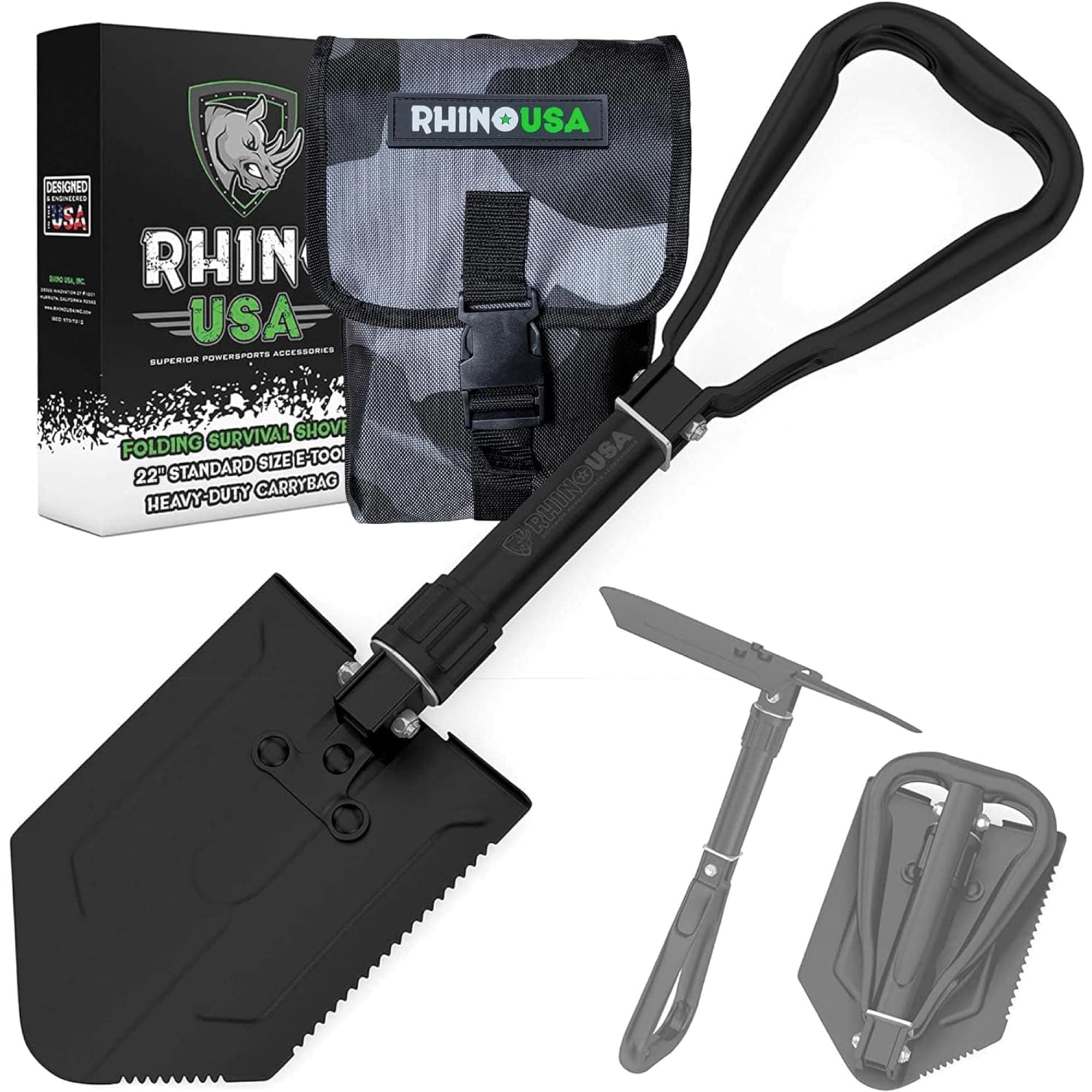 RHINO USA Folding Survival Shovel w/Pick - Heavy Duty Carbon Steel Military Style Entrenching Tool for Off Road, Camping, Gardening, Beach, Digging Dirt, Sand, Mud & Snow. Black Military 22" E-tool