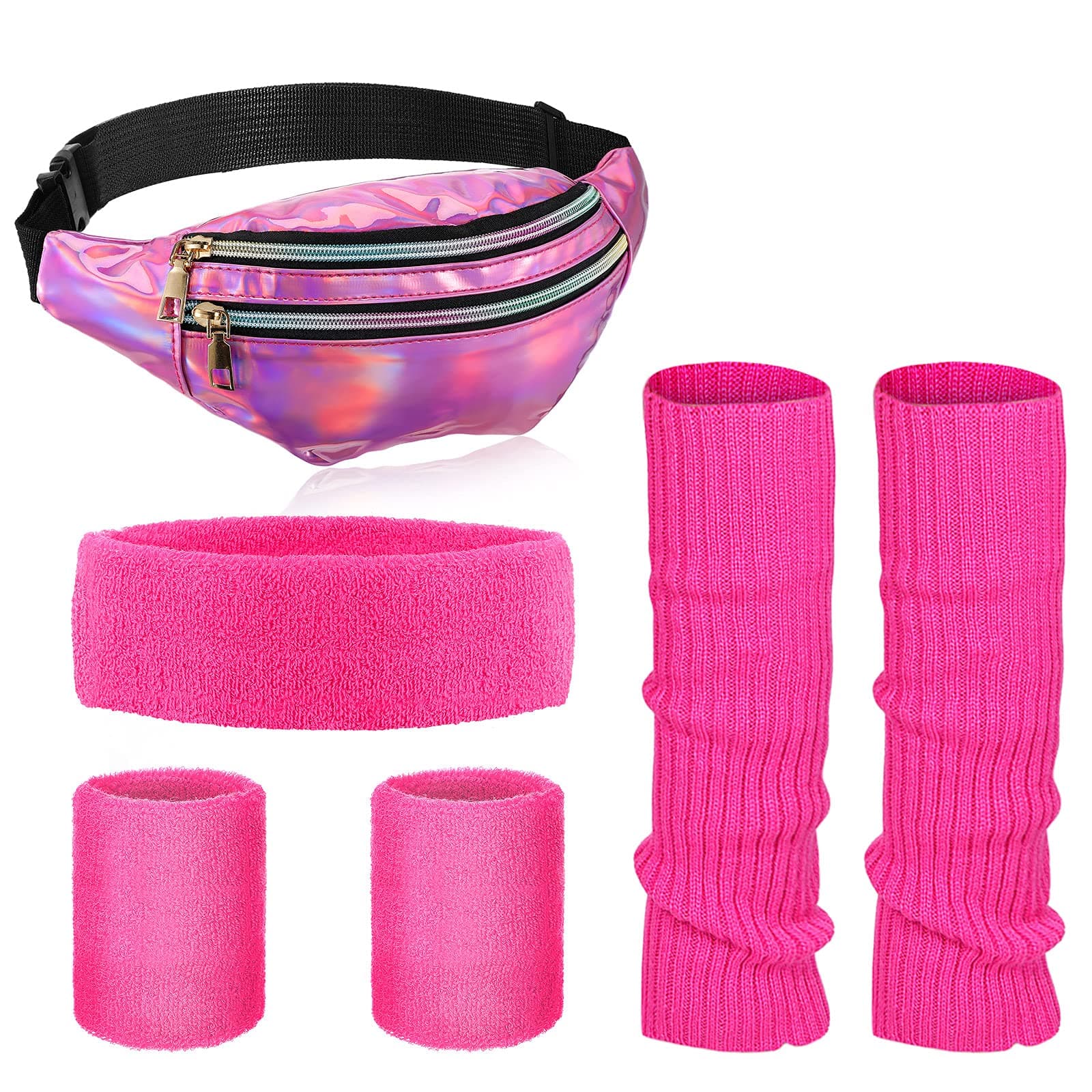 SATINIOR 80s Women Workout Outfit Neon Leg Warmer Headband Wristbands Fanny Pack Set 80s Accessories for Yoga Running Pink, Rose Red