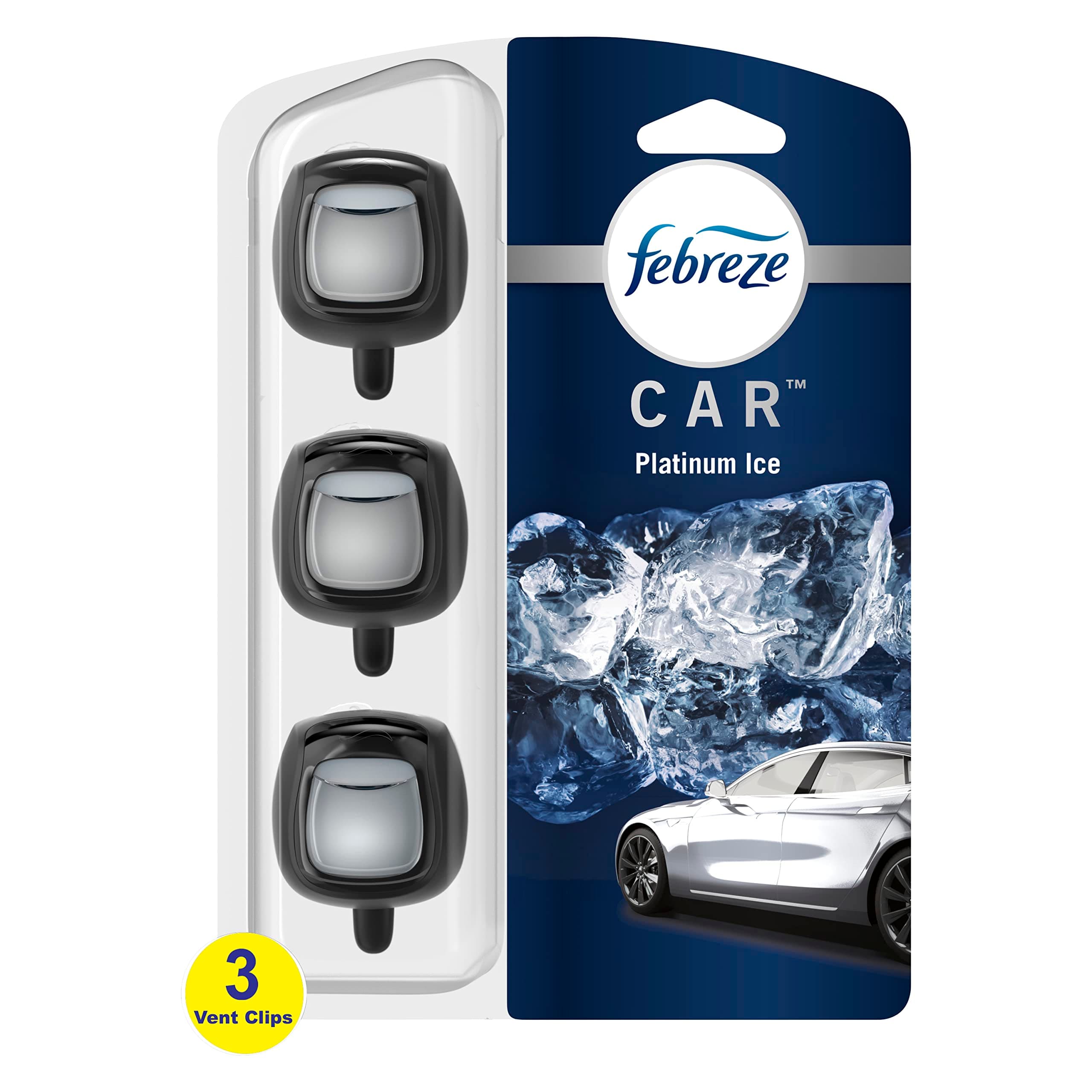 Febreze Car Air Freshener Vent Clip Platinum Ice Scent, .07 oz. Car Vent Clips, Pack of 3 and Stay-Fresh Storage Case